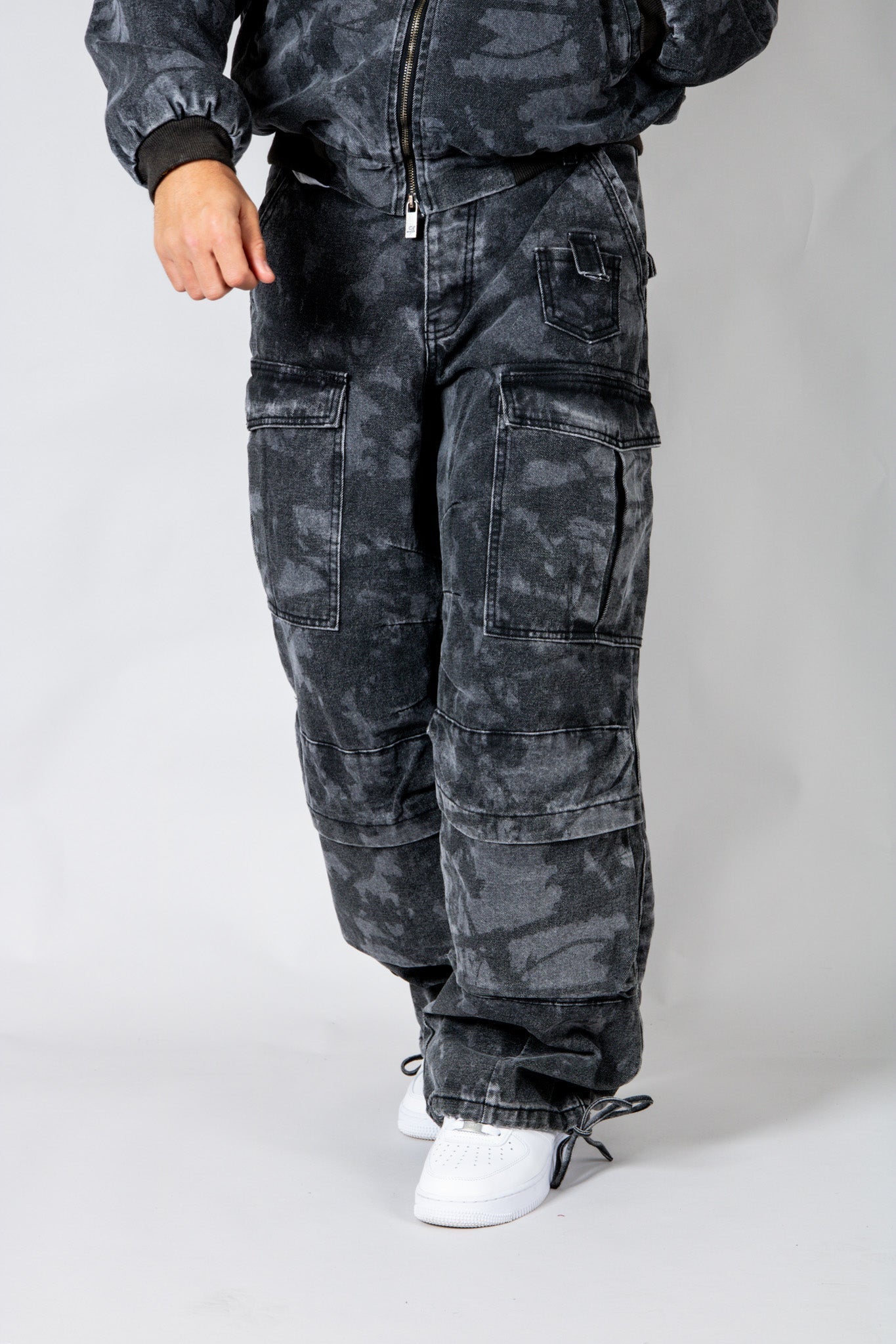 Zane Baggy Printed Tree Camo Cargo Jeans In Acid Tonal Black - Liquor n Poker