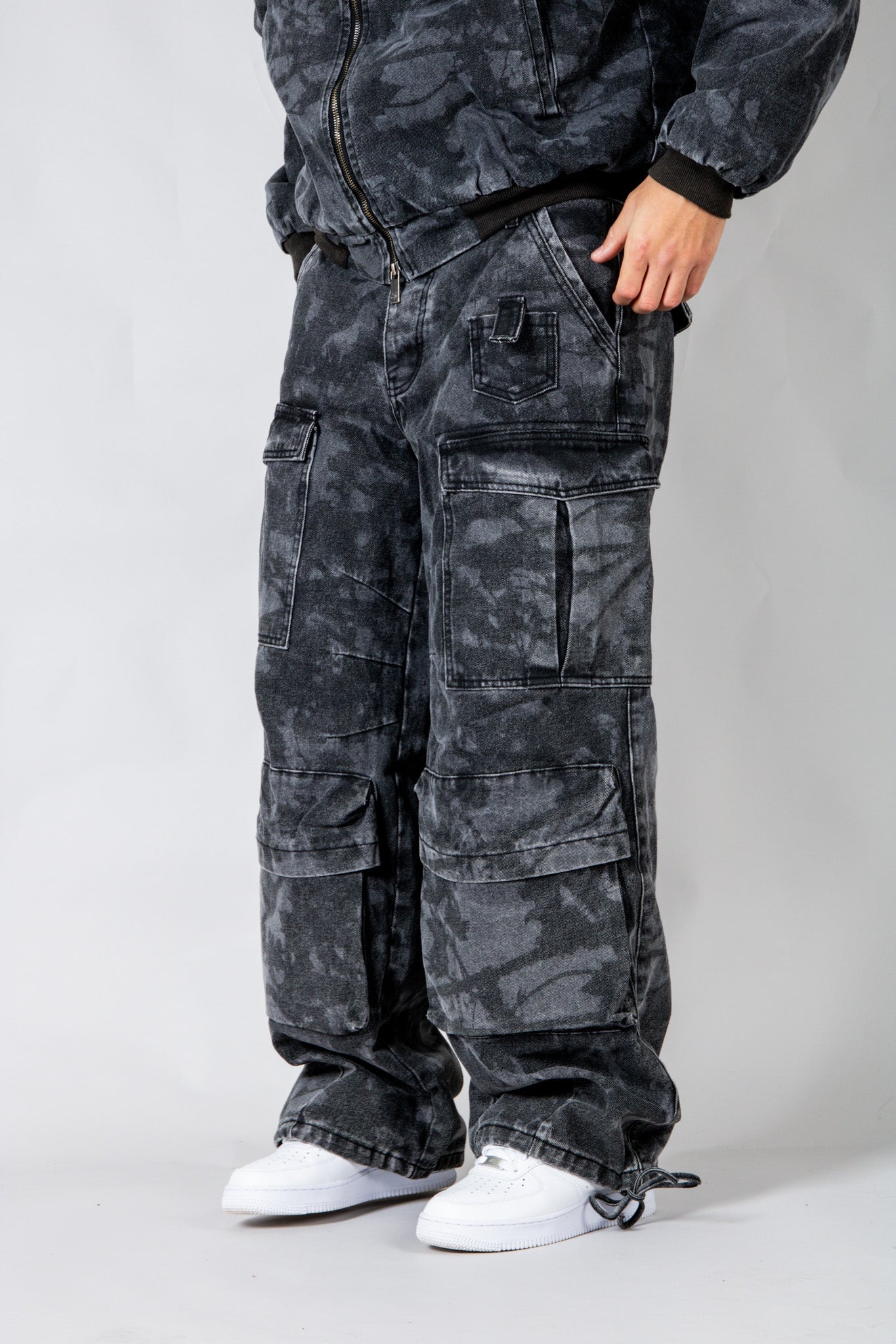 Zane Baggy Printed Tree Camo Cargo Jeans In Acid Tonal Black - Liquor n Poker