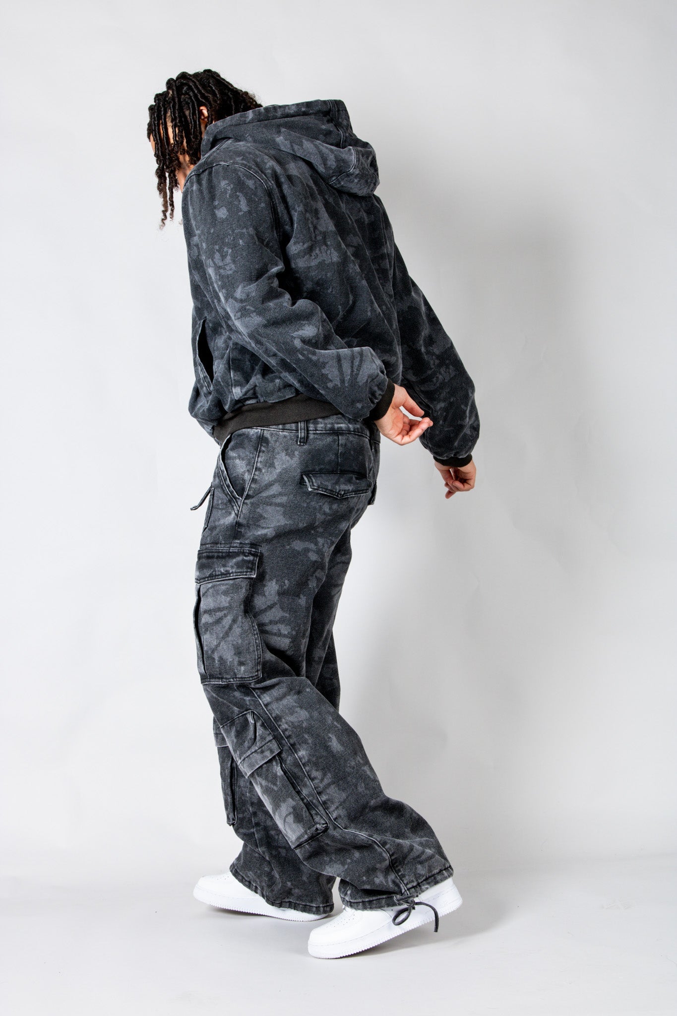 Zane Baggy Printed Tree Camo Cargo Jeans In Acid Tonal Black - Liquor n Poker