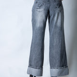 Zara Mid - rise Turn Up Baggy Denim Jeans in Dark - wash Grey - Liquor n Poker