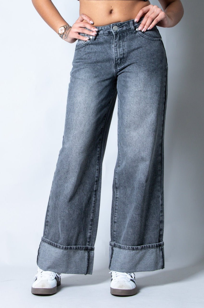 Zara Mid - rise Turn Up Baggy Denim Jeans in Dark - wash Grey - Liquor n Poker