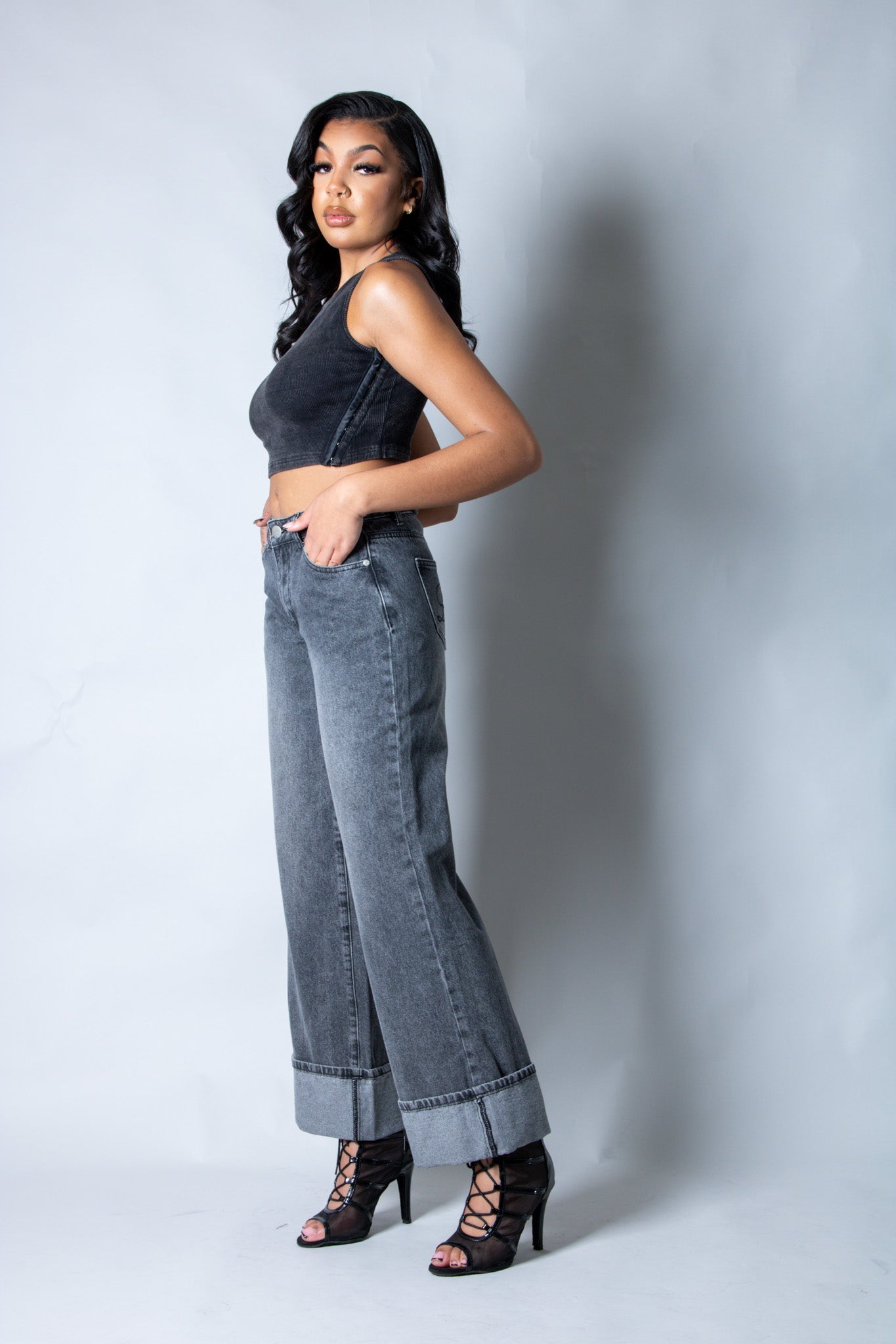 Zara Mid - rise Turn Up Baggy Denim Jeans in Dark - wash Grey - Liquor n Poker