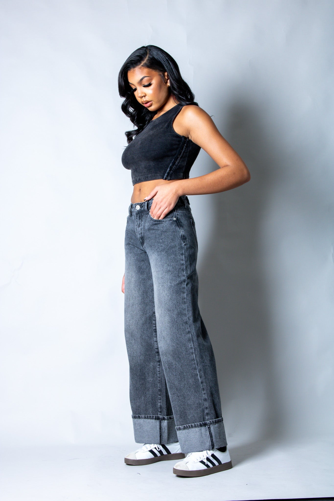 Zara Mid - rise Turn Up Baggy Denim Jeans in Dark - wash Grey - Liquor n Poker