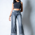 Zara Mid - rise Turn Up Baggy Denim Jeans in Dark - wash Grey - Liquor n Poker