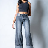 Zara Mid - rise Turn Up Baggy Denim Jeans in Dark - wash Grey - Liquor n Poker