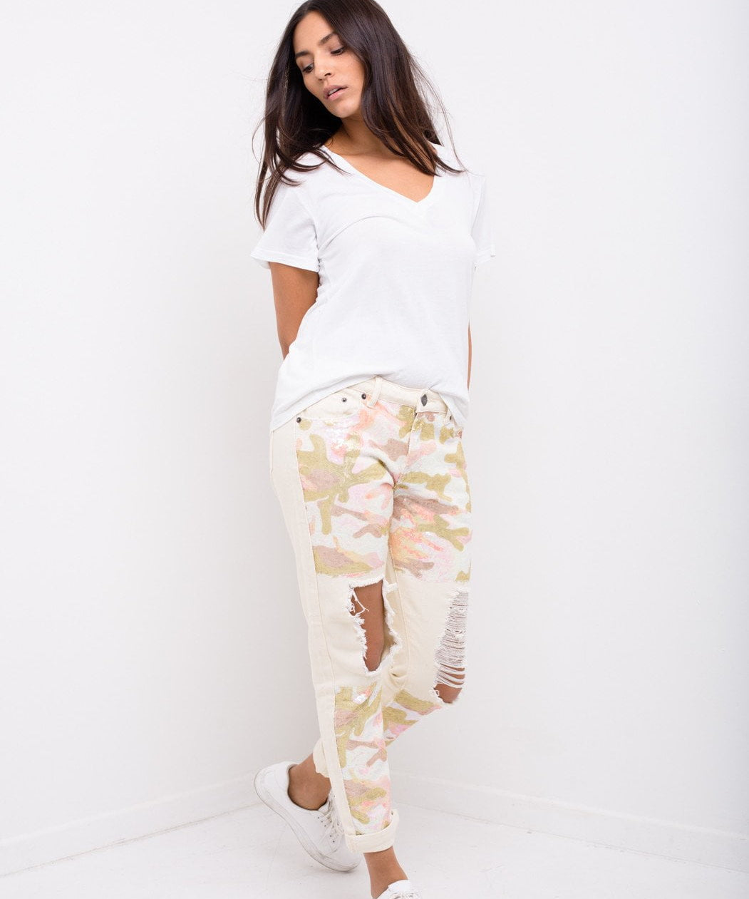 Midori Boyfriend Jean In Ecru Twill With Pink Camo Sequin - Liquor N Poker LIQUOR N POKER