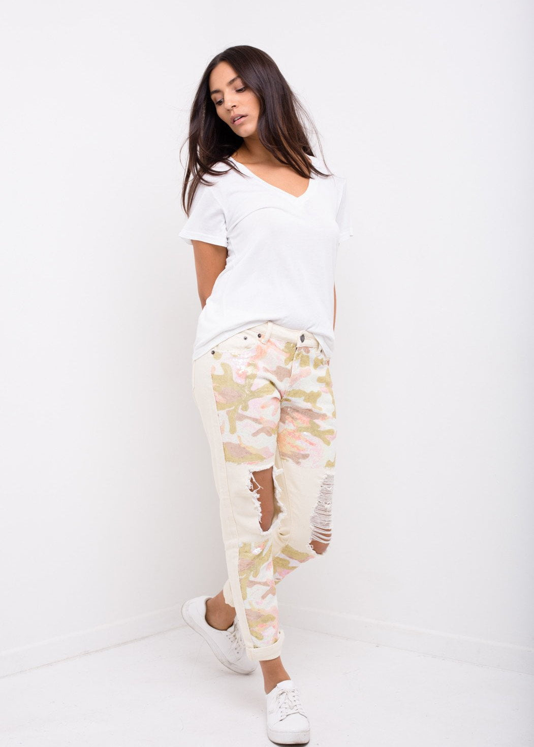 Midori Boyfriend Jean In Ecru Twill With Pink Camo Sequin - Liquor N Poker LIQUOR N POKER