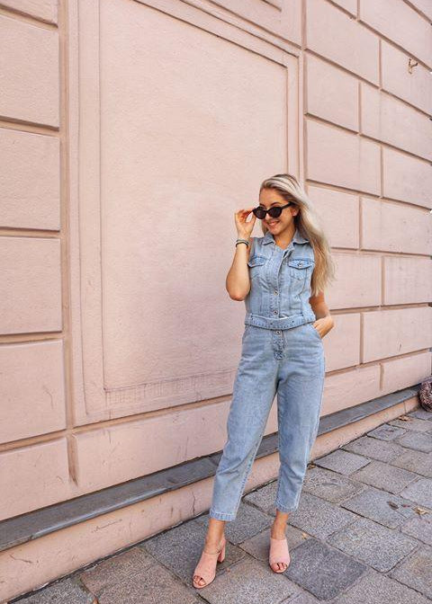 Liquor n Poker 80s denim jumpsuit with eyelet belt - Liquor N Poker LIQUOR N POKER