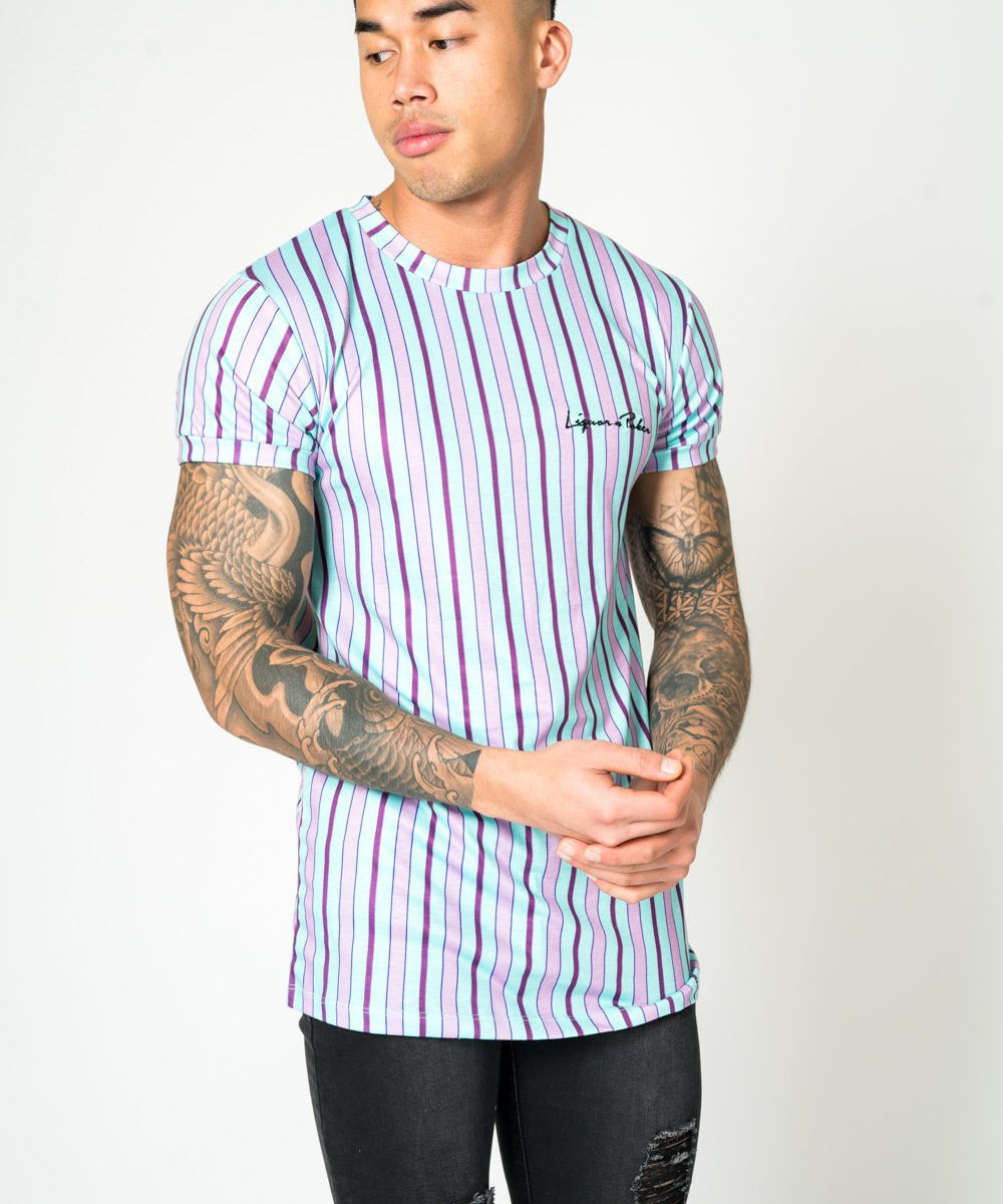 MUSCLE FIT T - SHIRT IN CANDY STRIPE LILAC AND LIME - Liquor N Poker LIQUOR N POKER
