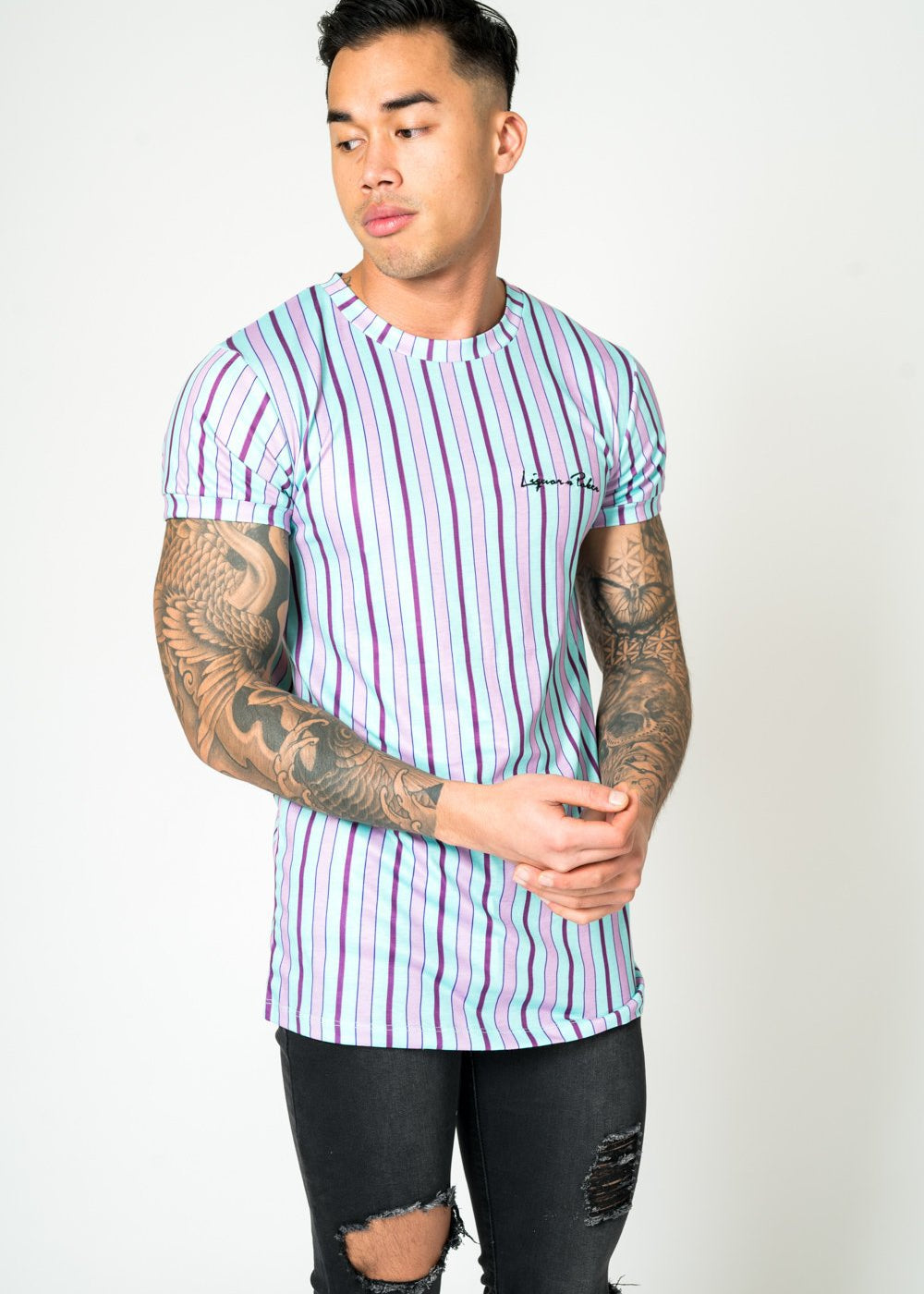 MUSCLE FIT T - SHIRT IN CANDY STRIPE LILAC AND LIME - Liquor N Poker LIQUOR N POKER