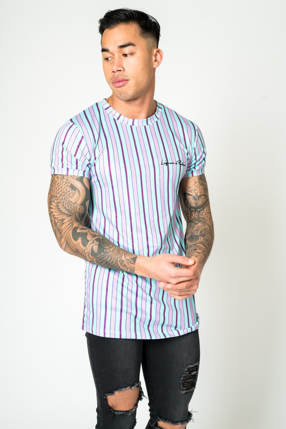 MUSCLE FIT T - SHIRT IN CANDY STRIPE LILAC AND LIME - Liquor N Poker LIQUOR N POKER