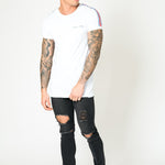 MUSCLE FIT WHITE TEE WITH RED AND BLUE SPORTS STRIPE - Liquor N Poker LIQUOR N POKER