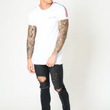 MUSCLE FIT WHITE TEE WITH RED AND BLUE SPORTS STRIPE - Liquor N Poker LIQUOR N POKER