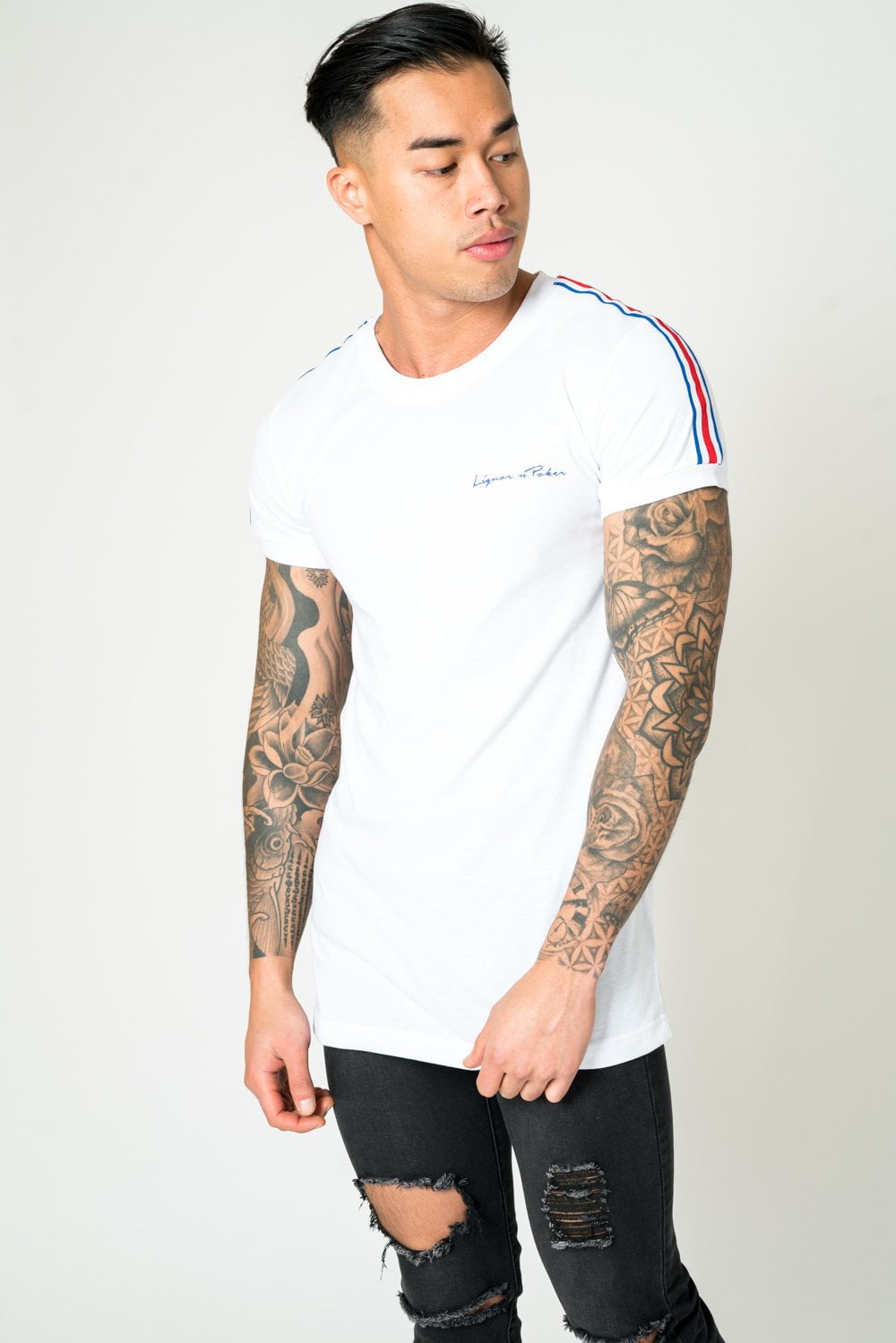MUSCLE FIT WHITE TEE WITH RED AND BLUE SPORTS STRIPE - Liquor N Poker LIQUOR N POKER