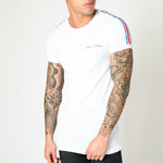 MUSCLE FIT WHITE TEE WITH RED AND BLUE SPORTS STRIPE - Liquor N Poker LIQUOR N POKER
