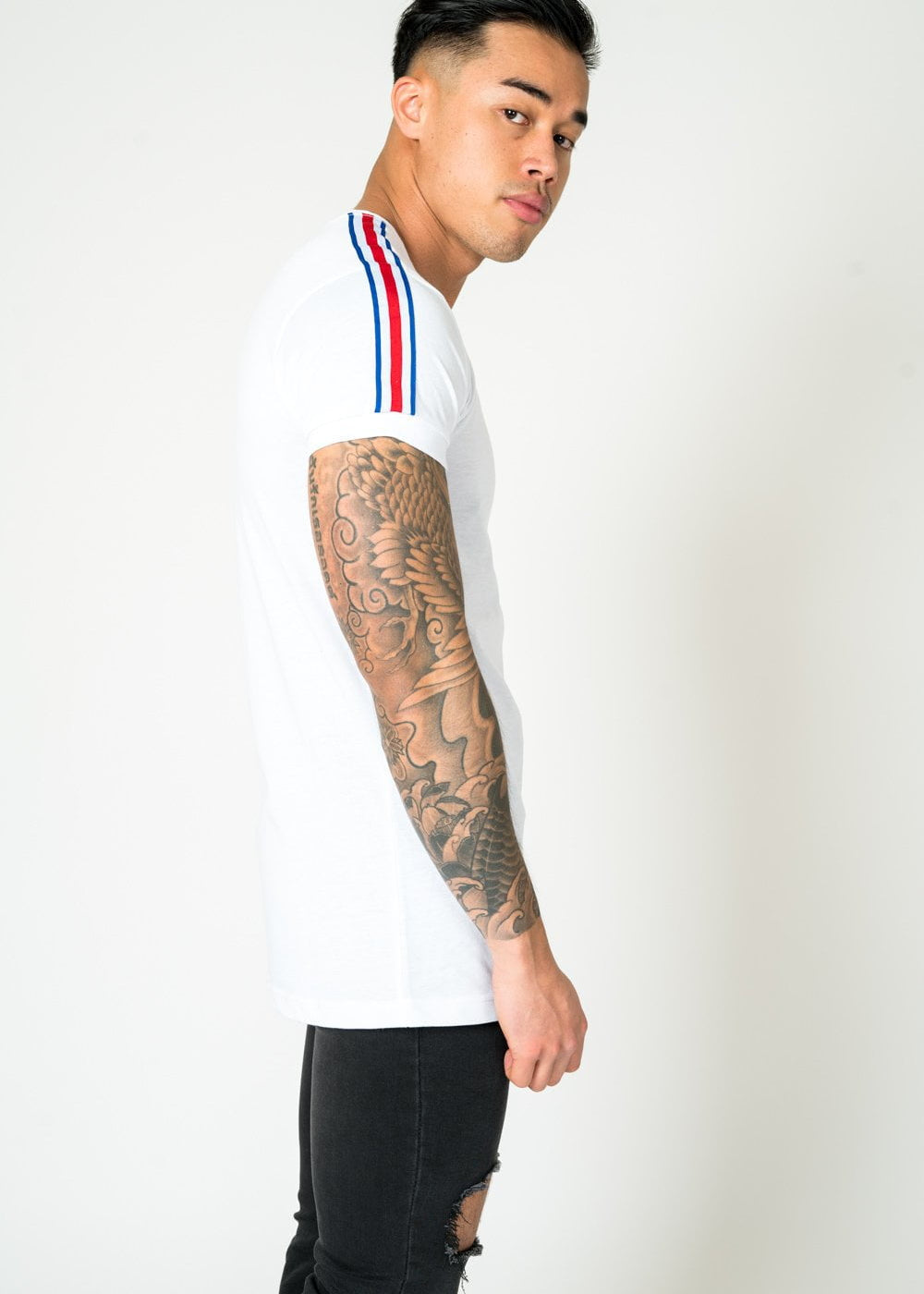 MUSCLE FIT WHITE TEE WITH RED AND BLUE SPORTS STRIPE - Liquor N Poker LIQUOR N POKER