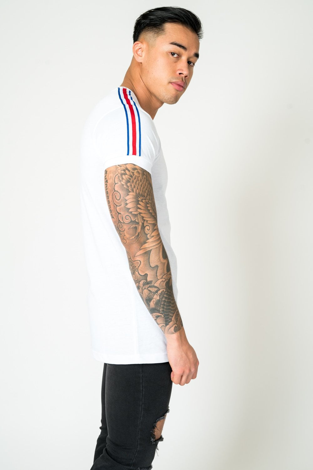 MUSCLE FIT WHITE TEE WITH RED AND BLUE SPORTS STRIPE - Liquor N Poker LIQUOR N POKER