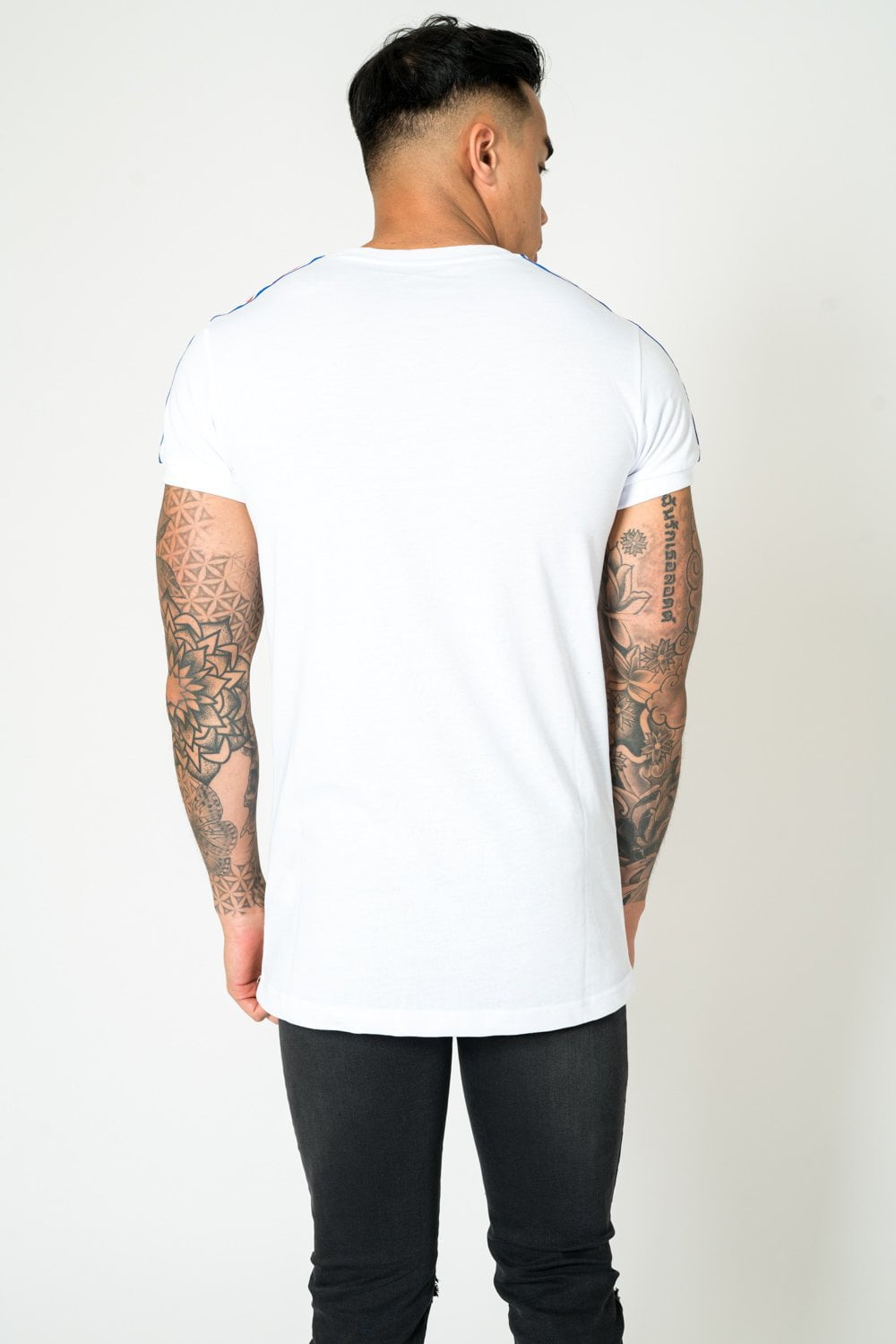 MUSCLE FIT WHITE TEE WITH RED AND BLUE SPORTS STRIPE - Liquor N Poker LIQUOR N POKER