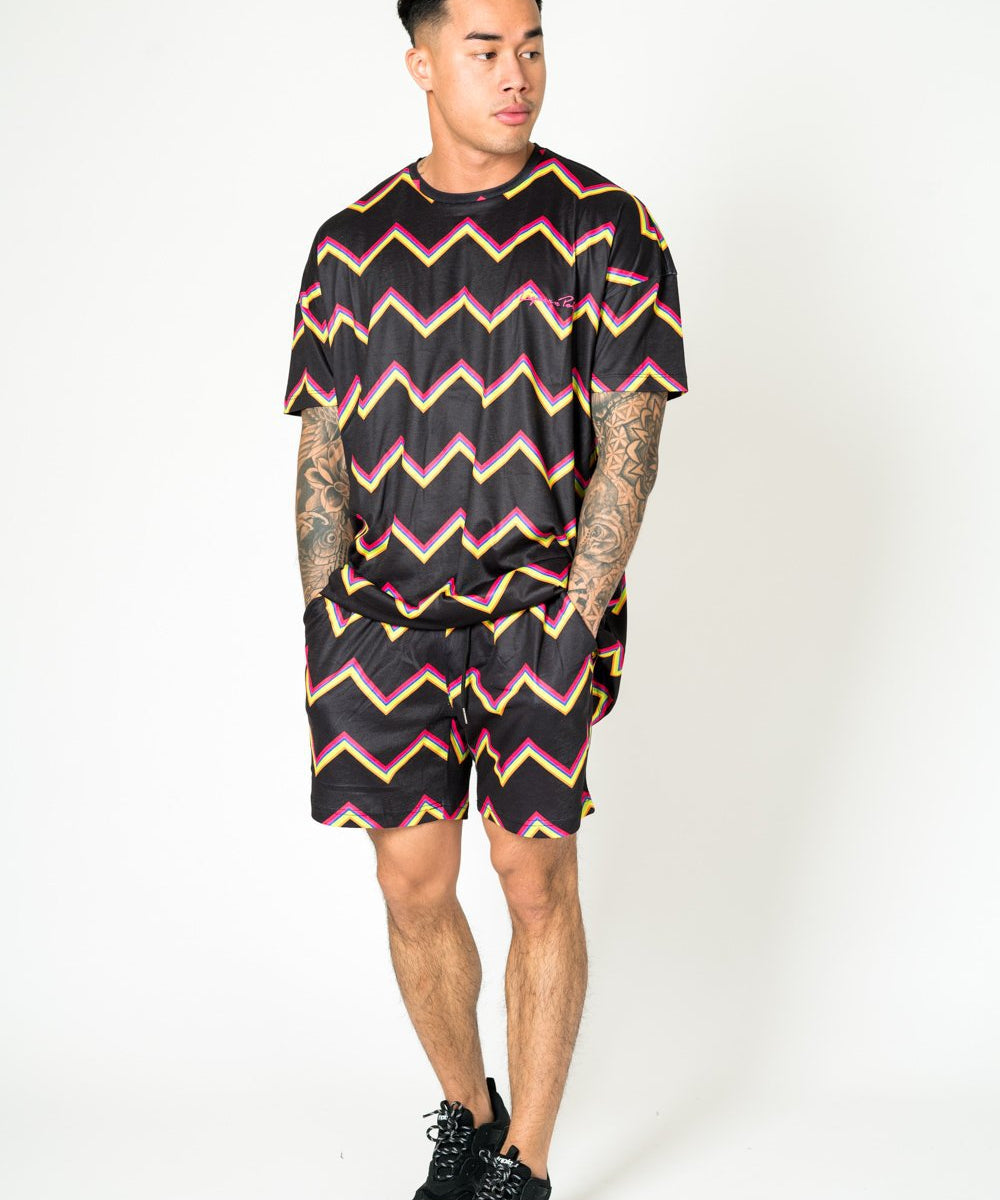 RELAXED FIT SHORTS IN BLACK WITH MULTI COLOUR ZIG ZAG - Liquor N Poker LIQUOR N POKER
