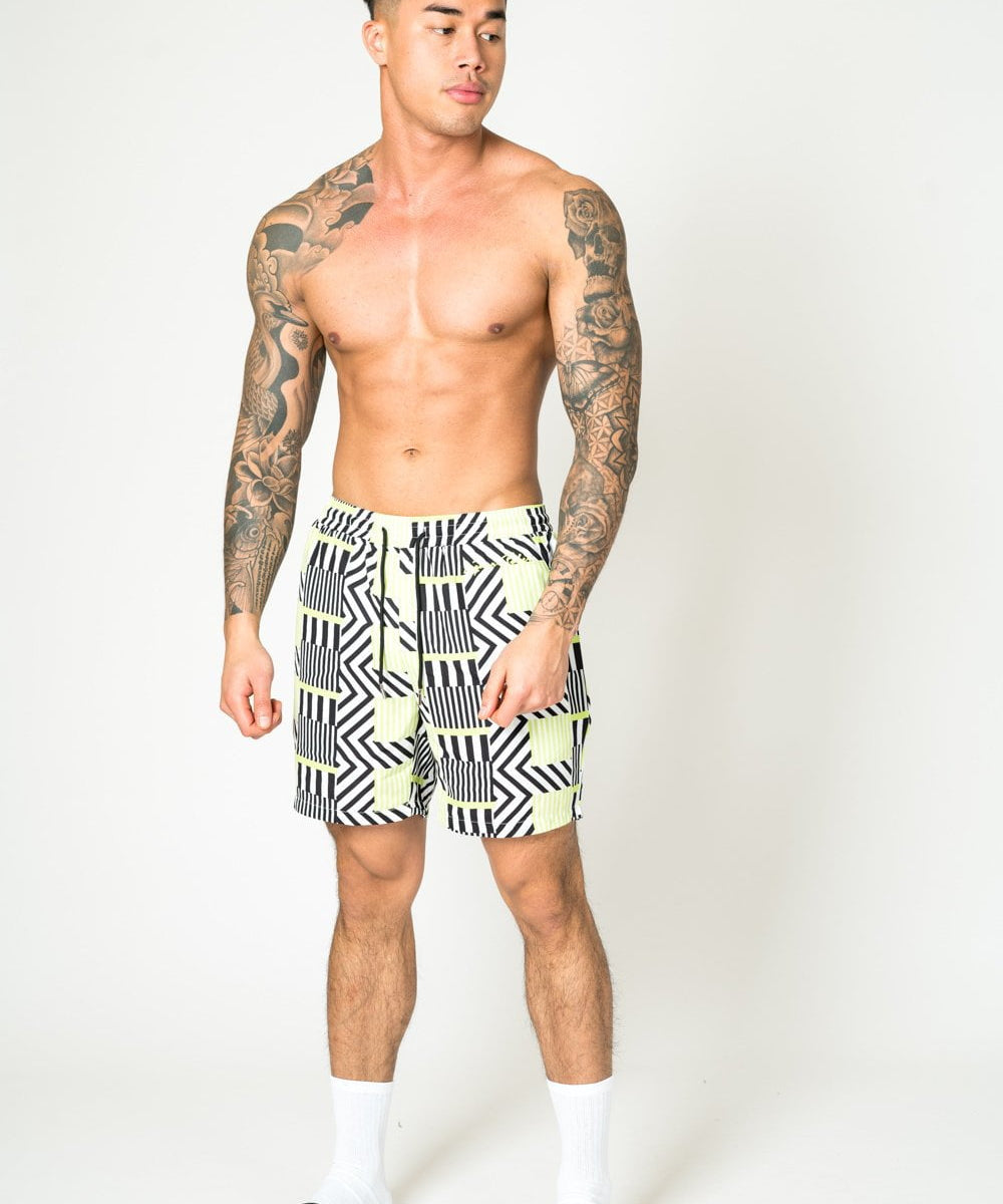 RELAXED FIT SHORTS IN LIME BLACK WITH GEO STRIPE - Liquor N Poker LIQUOR N POKER