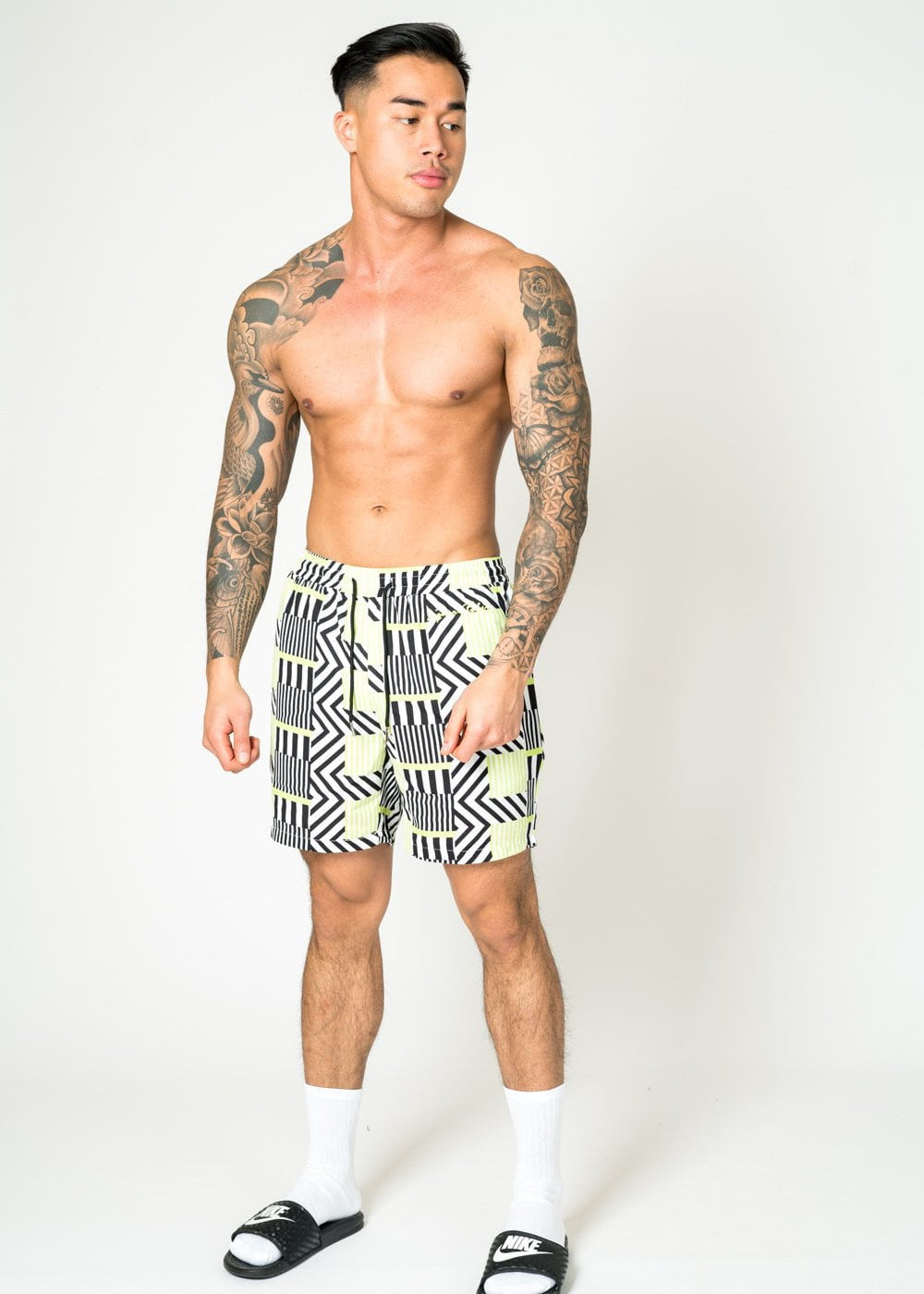 RELAXED FIT SHORTS IN LIME BLACK WITH GEO STRIPE - Liquor N Poker LIQUOR N POKER