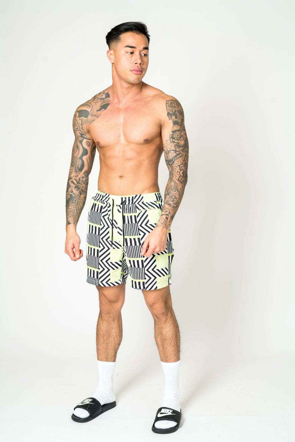 RELAXED FIT SHORTS IN LIME BLACK WITH GEO STRIPE - Liquor N Poker LIQUOR N POKER