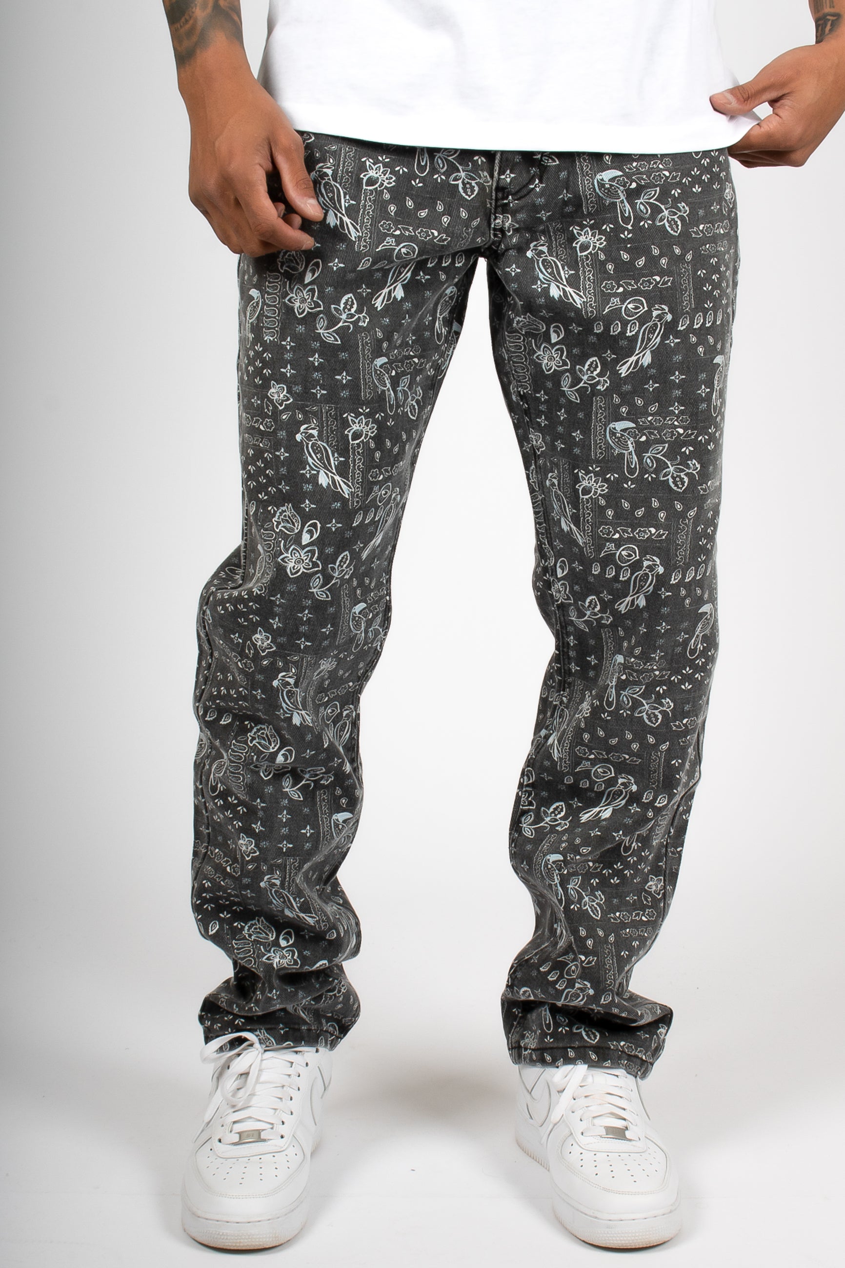 Straight Leg Denim Jeans in Black Paisley