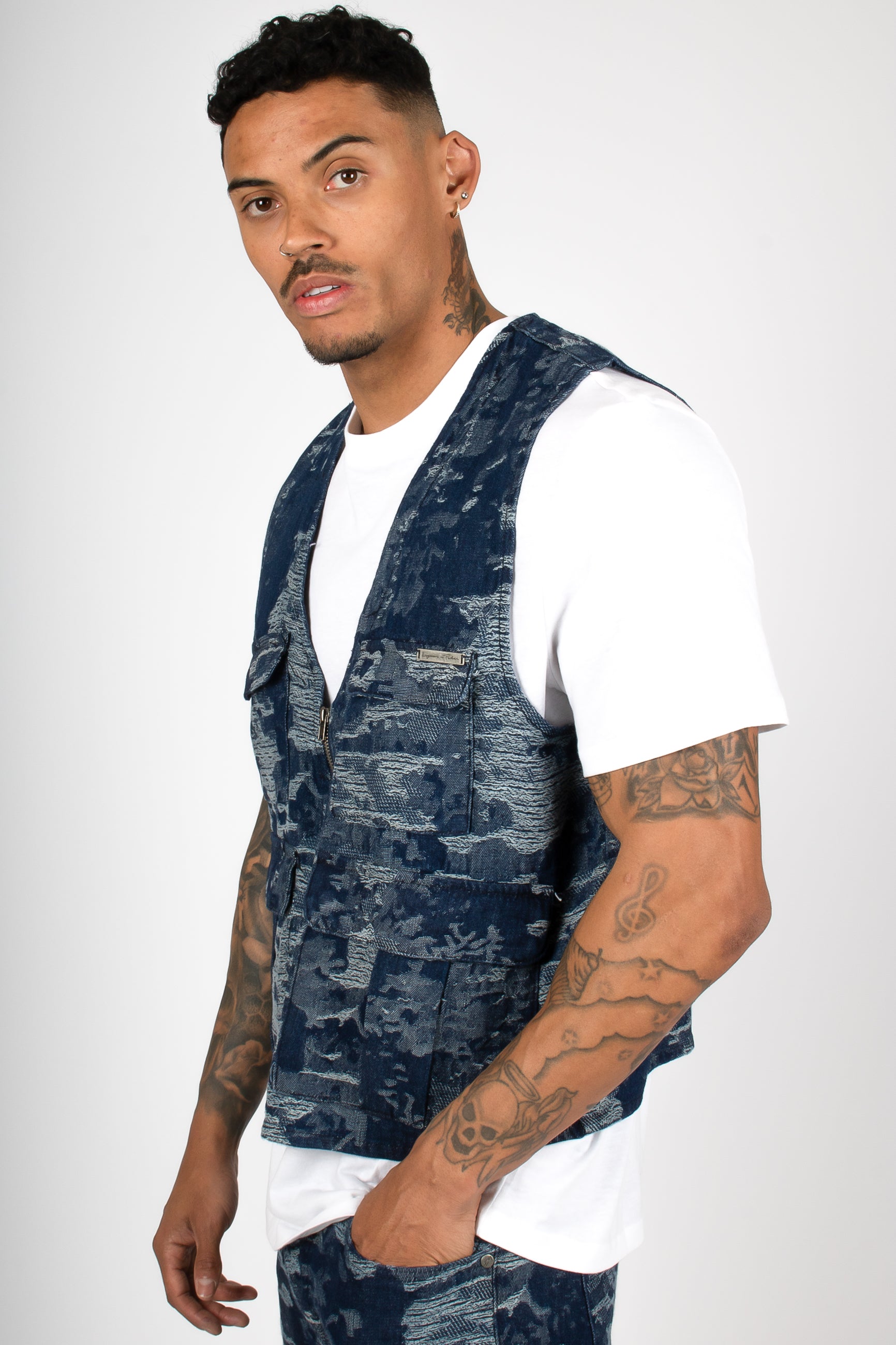 Blue Textured Camo Denim Gilet Vest