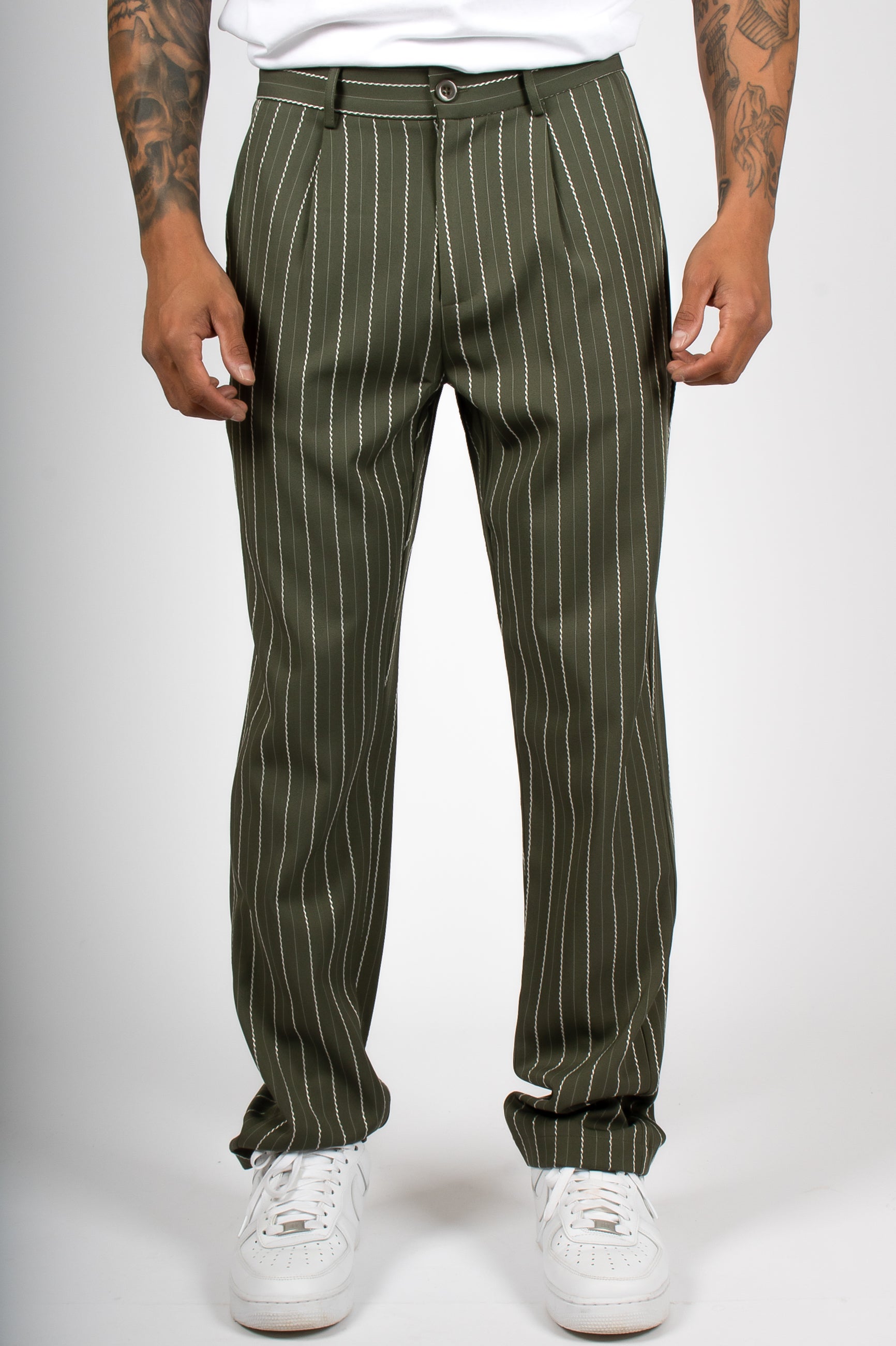 Khaki Pinstripe Straight Leg Trousers