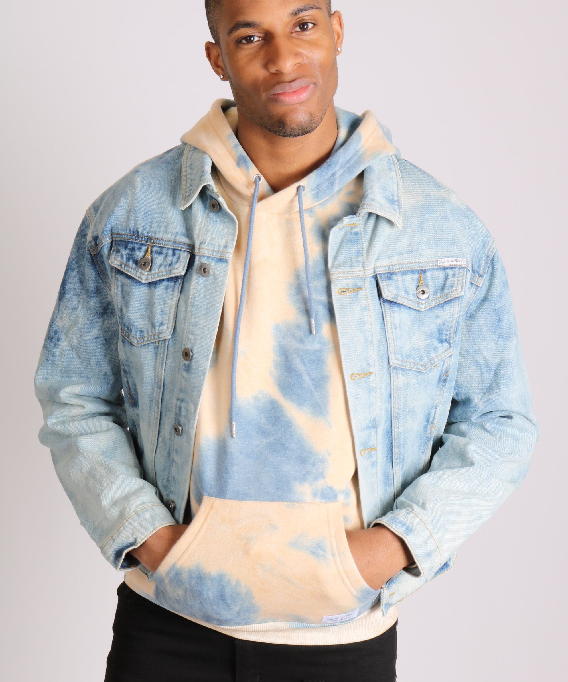 Head in the clouds denim jacket with cloudy bleach wash - Liquor N Poker LIQUOR N POKER