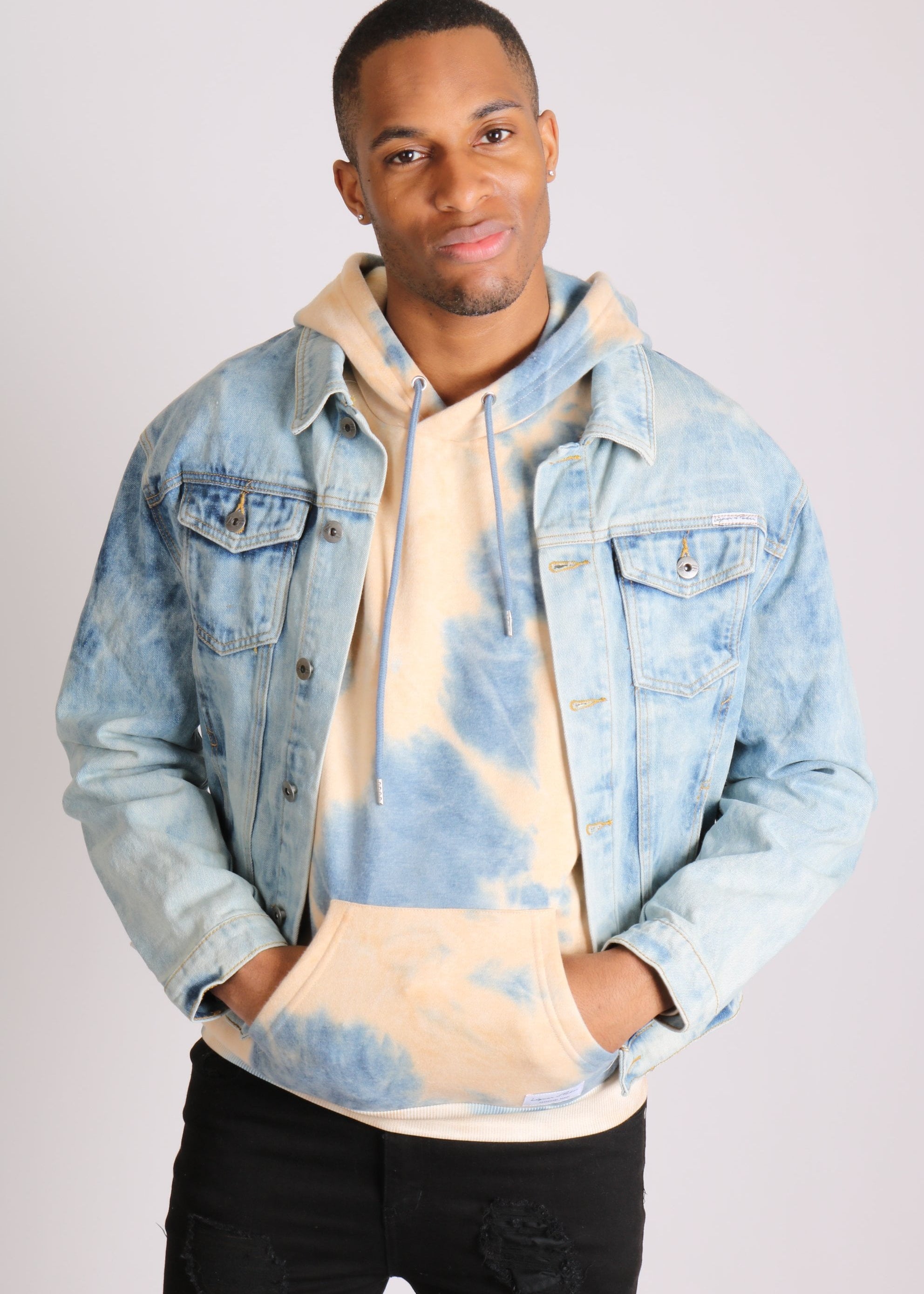 Head in the clouds denim jacket with cloudy bleach wash - Liquor N Poker LIQUOR N POKER