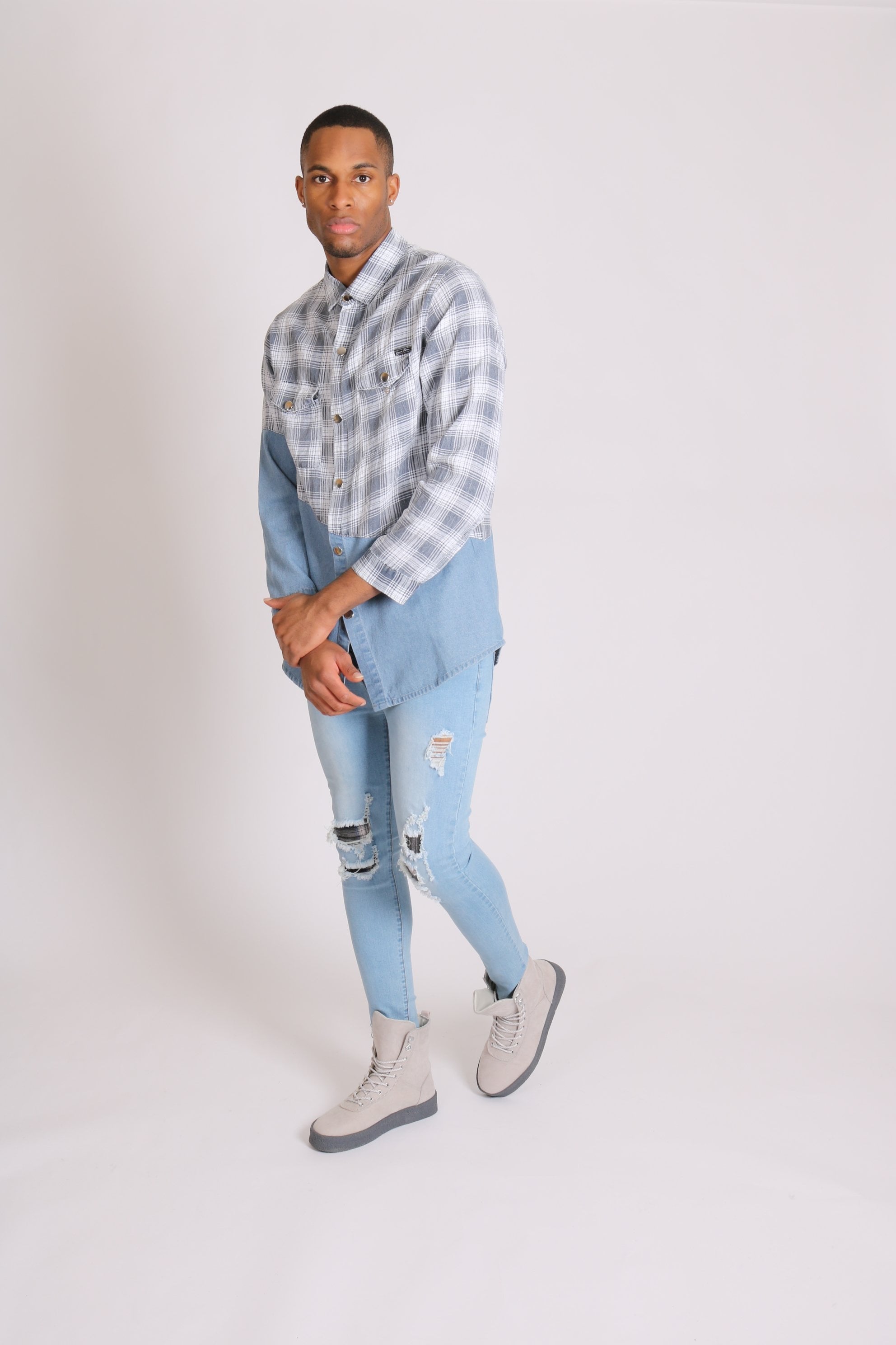 Cleveland light denim shirt with contrast flannel check - Liquor N Poker LIQUOR N POKER