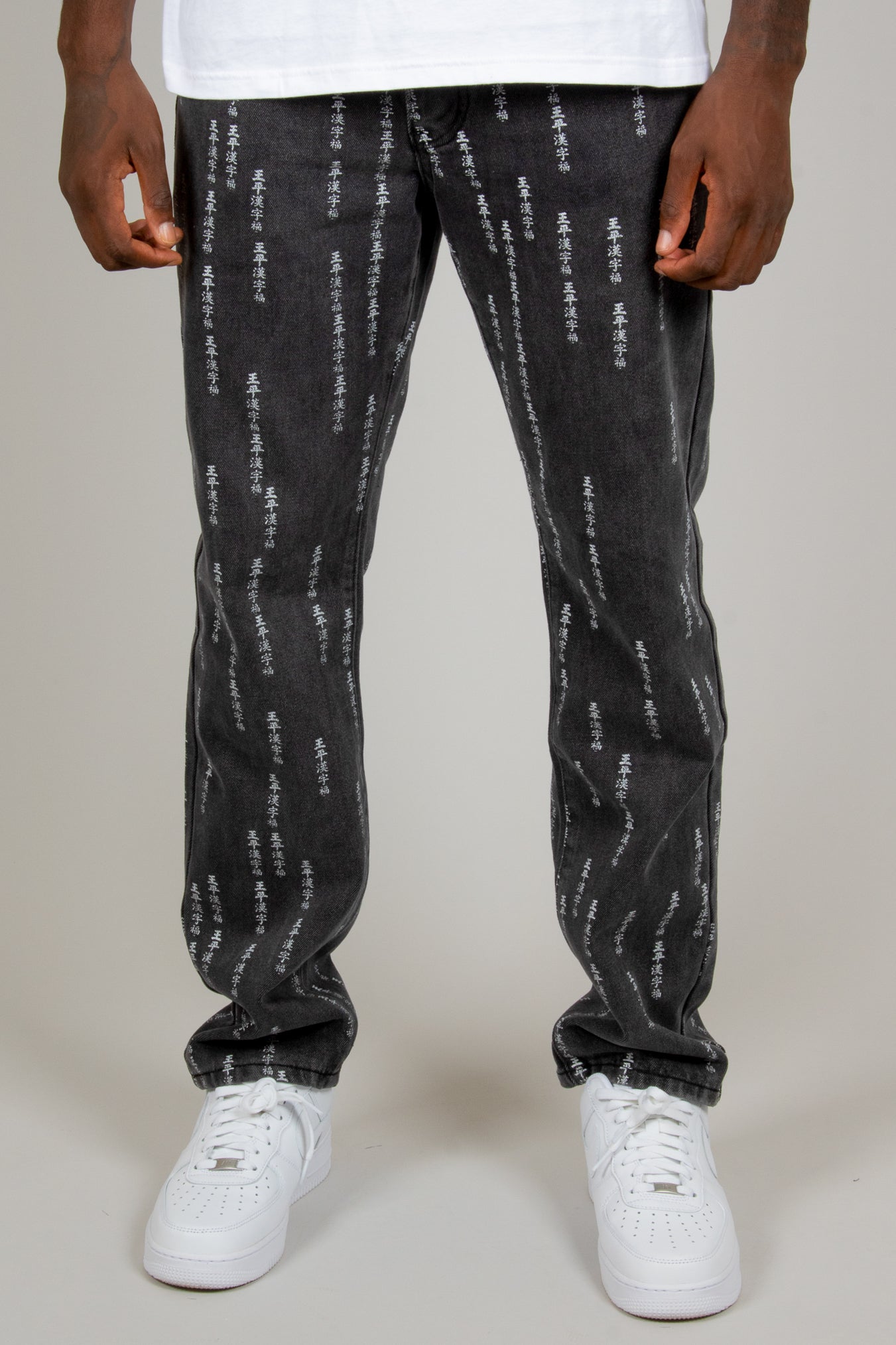 All-Over Japanese Text Washed Black Straight Leg Jean