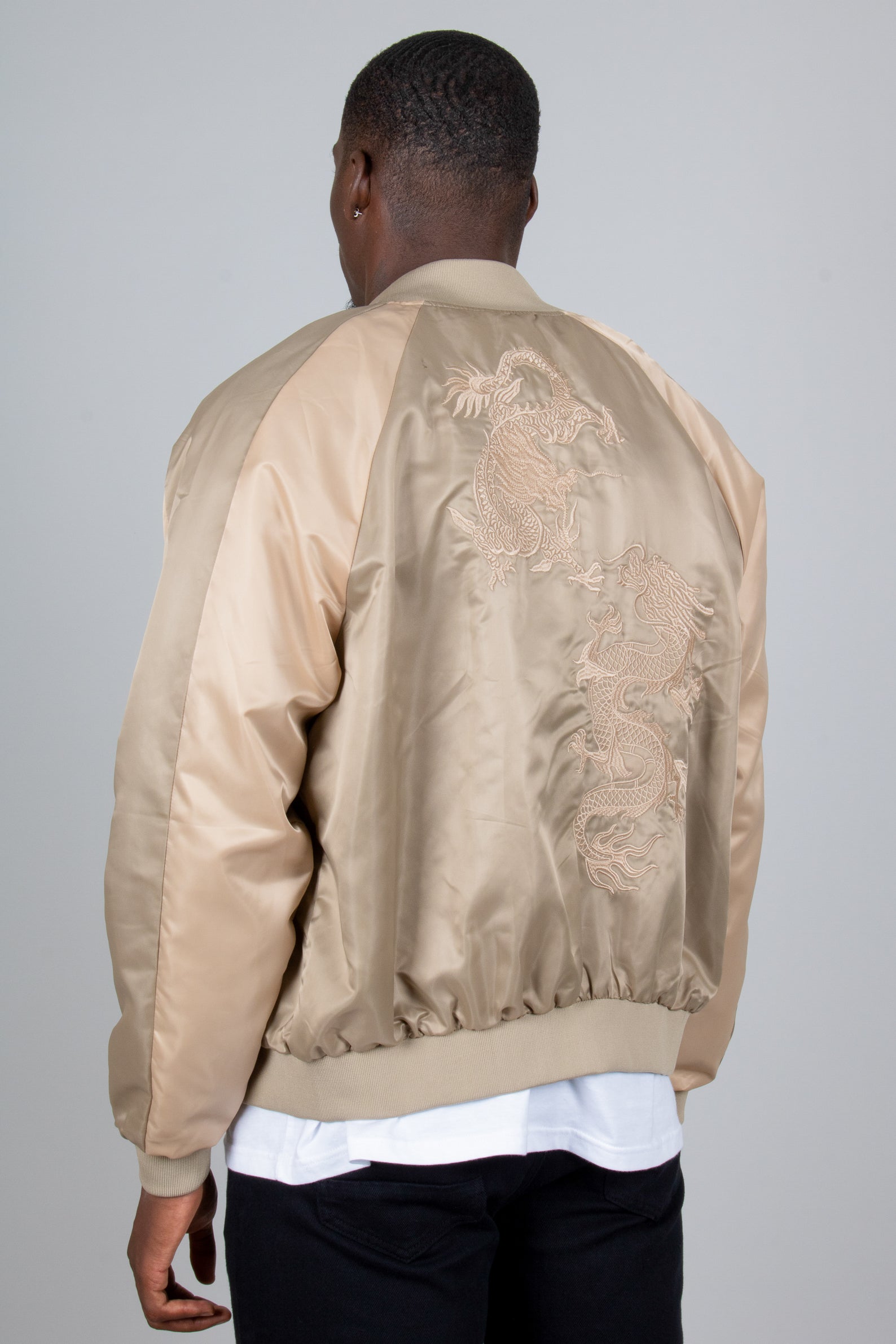 Dragon Embroidered Satin Bomber Jacket in Gold