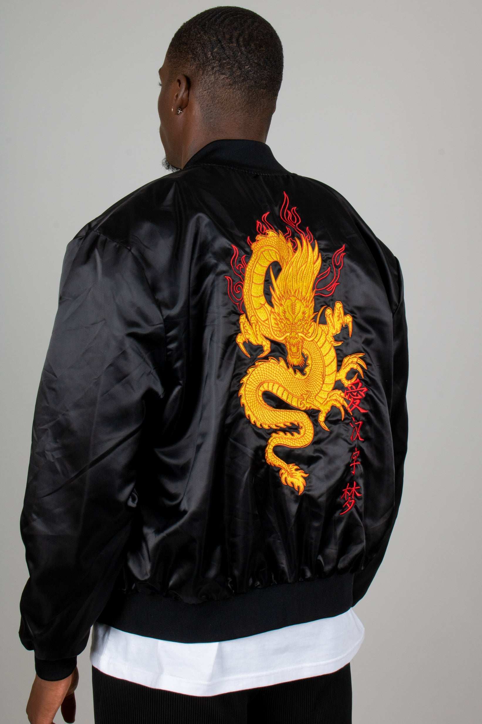 Dragon Embroidered Satin Bomber Jacket