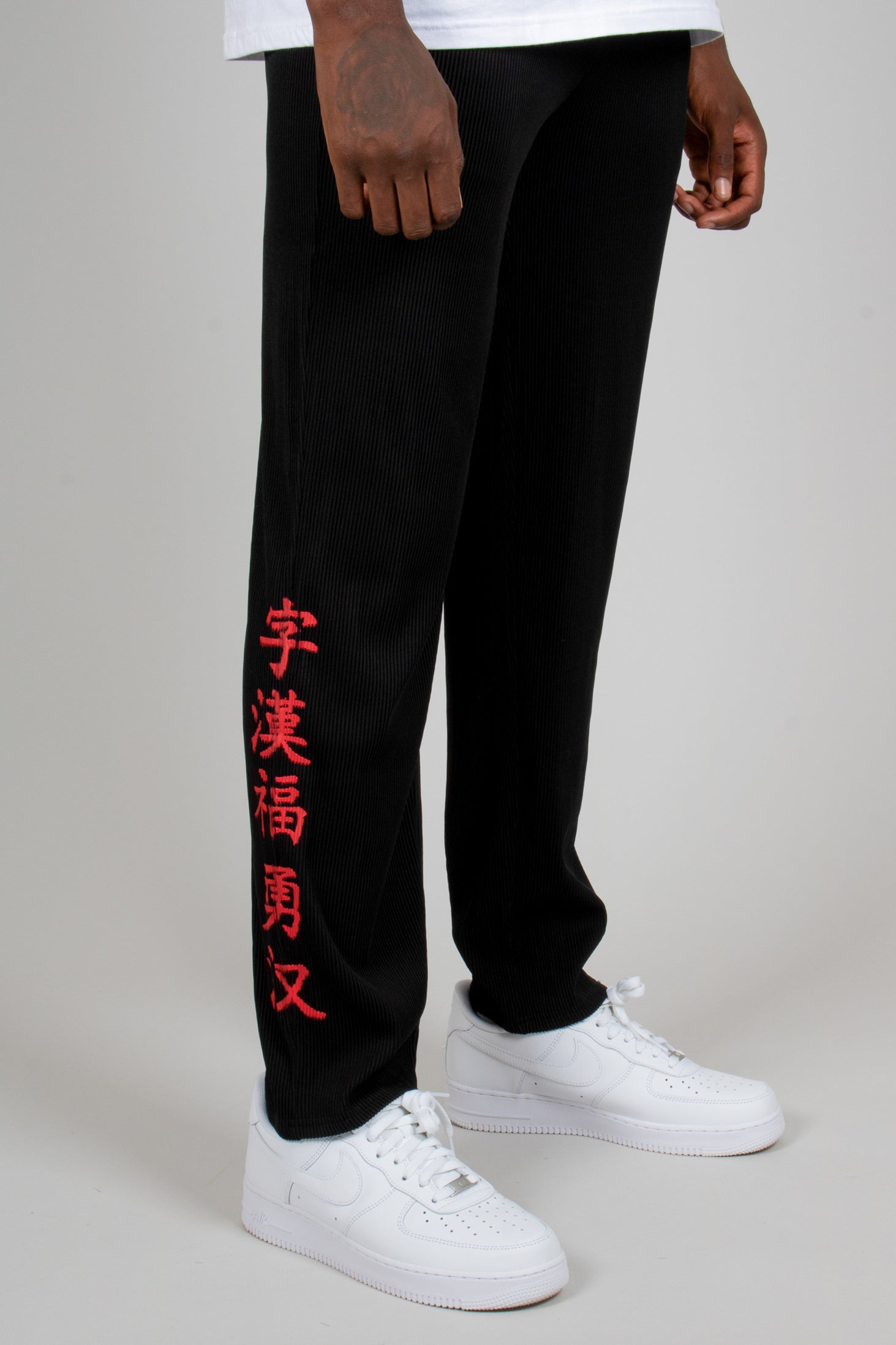 Japanese Text Plisse Black Straight Leg Trousers