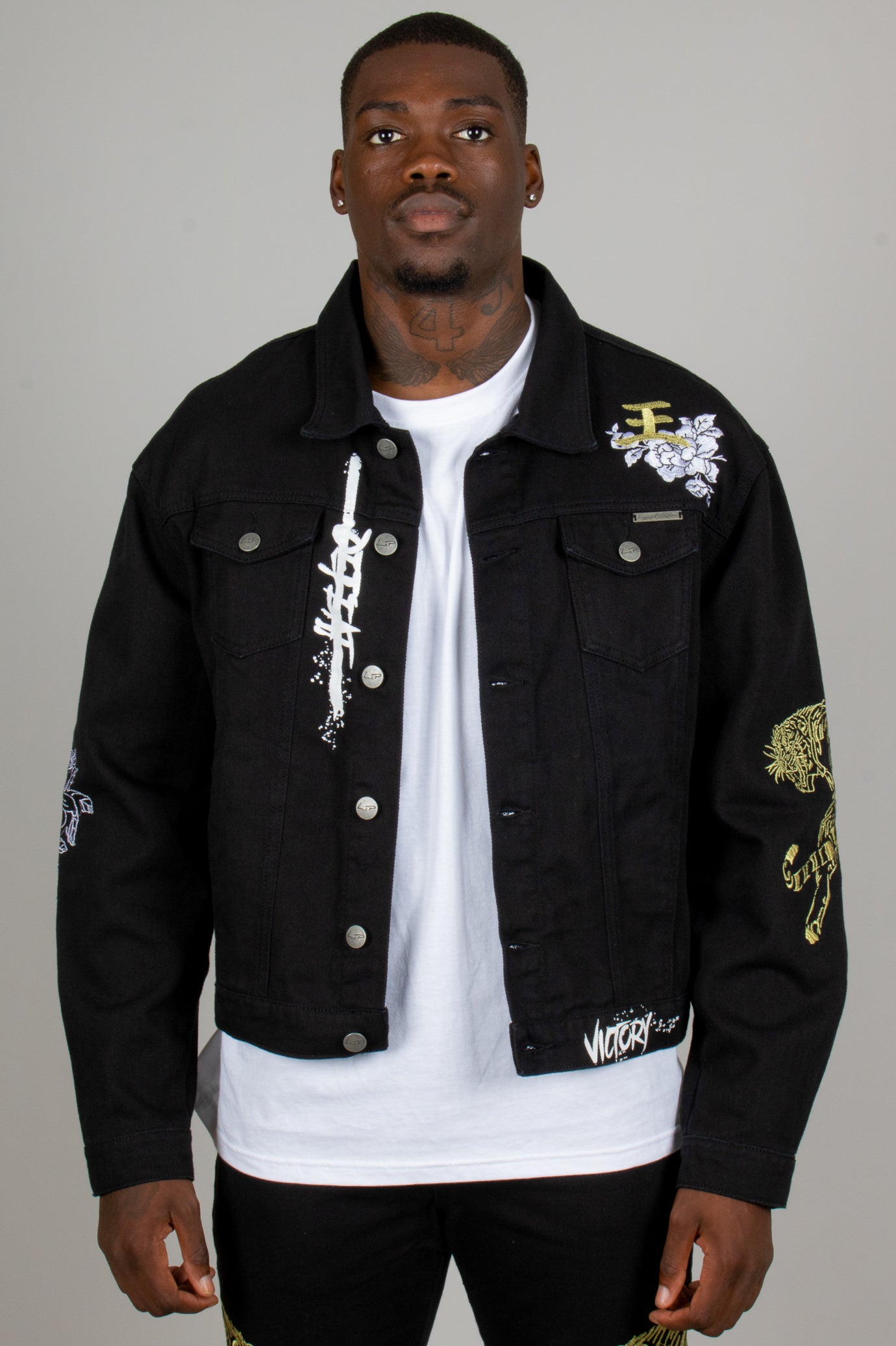 Golden Tiger Embroidered Oversized Black Trucker Jacket