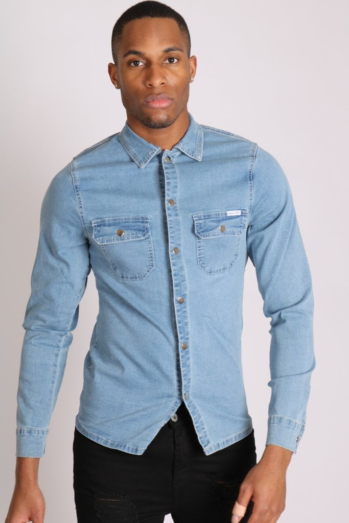 Liquor n Poker Muscle fit stretch denim shirt in blue - Liquor N Poker LIQUOR N POKER