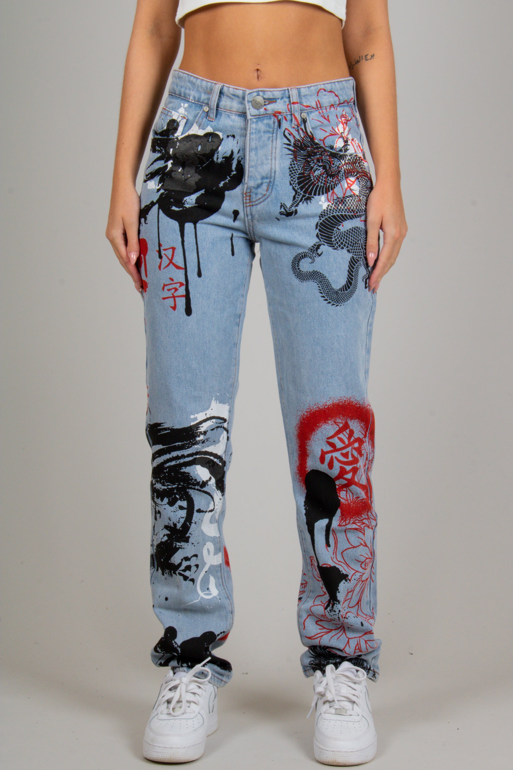 All-Over Dragon Graffiti Print Straight Leg Jeans