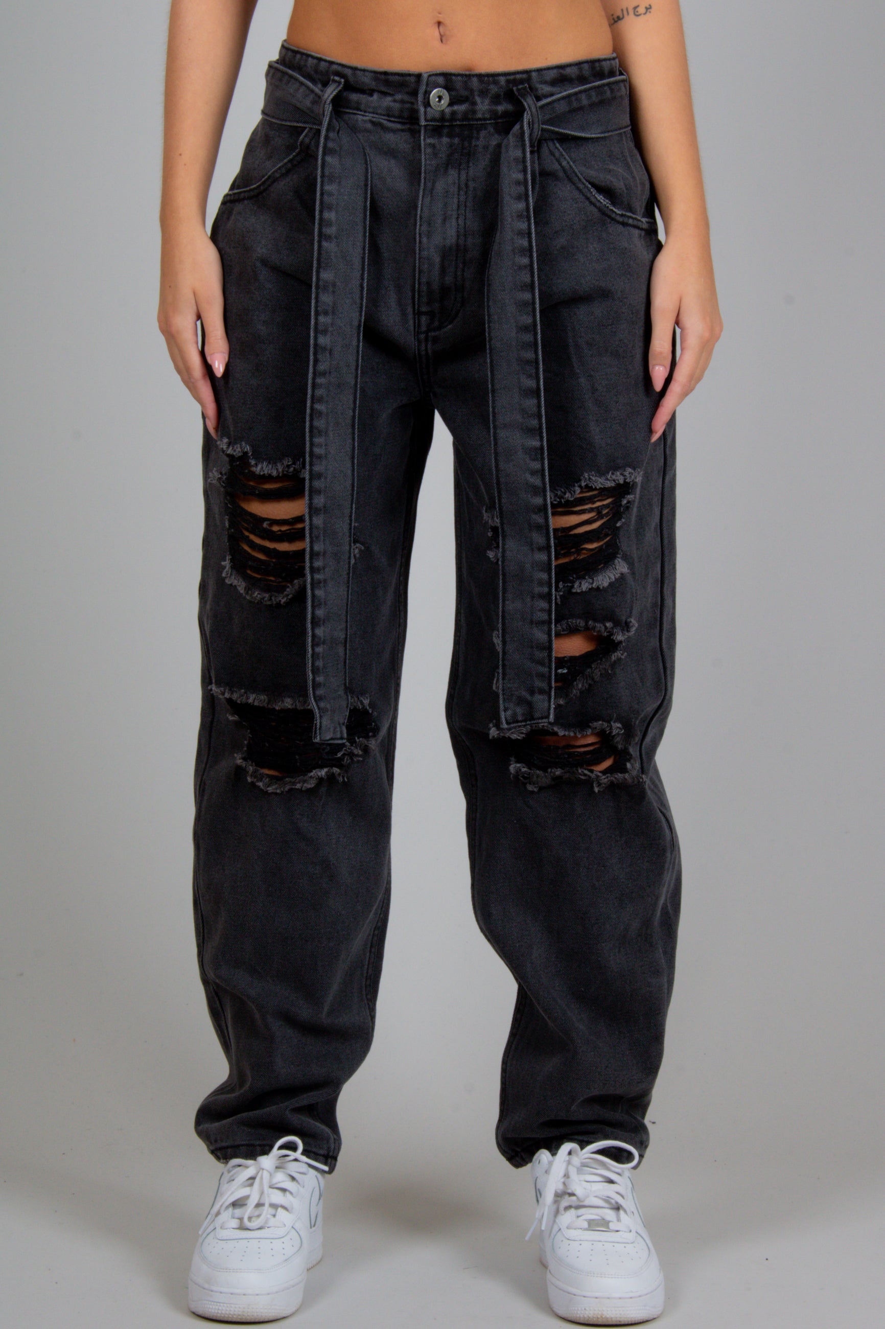 High-Rise Ripped Knee Belted Mom Jean