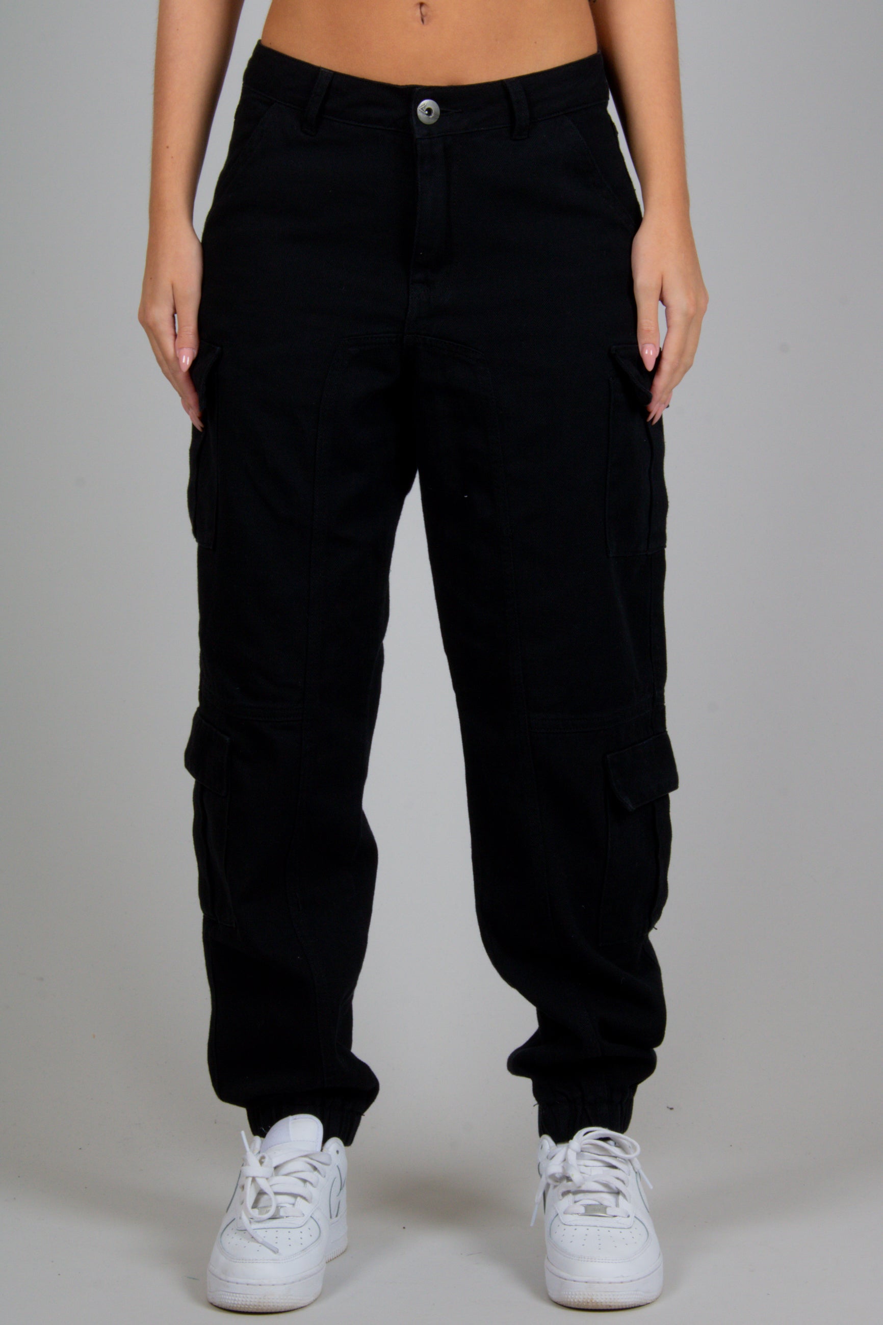 Relaxed Fit Twill Denim Cargo Trouser in Black