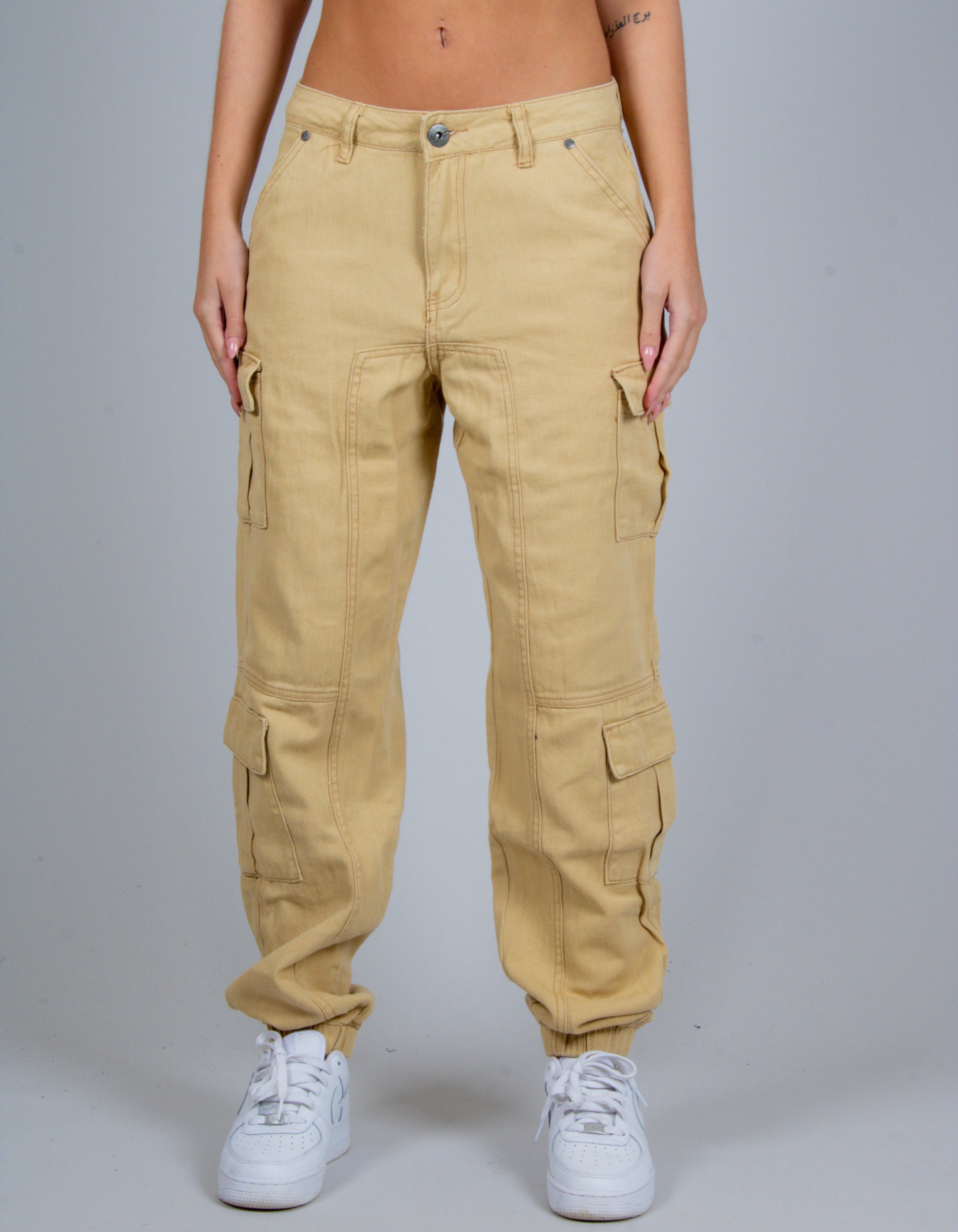 Relaxed Fit Cargo Trousers in Tan Twill Denim