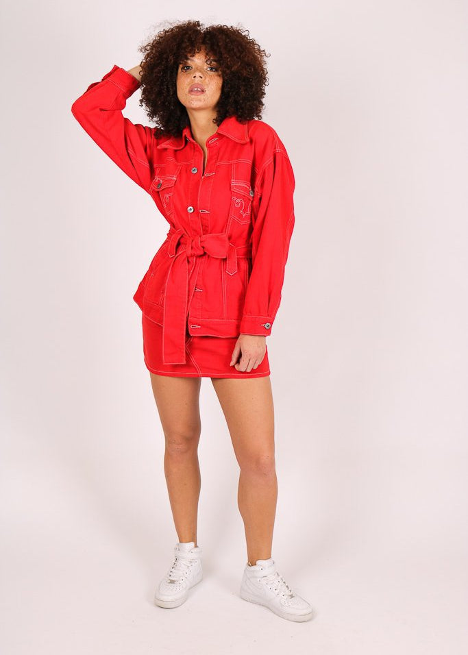 Rodeo belted western denim jacket in deep red - Liquor N Poker LIQUOR N POKER