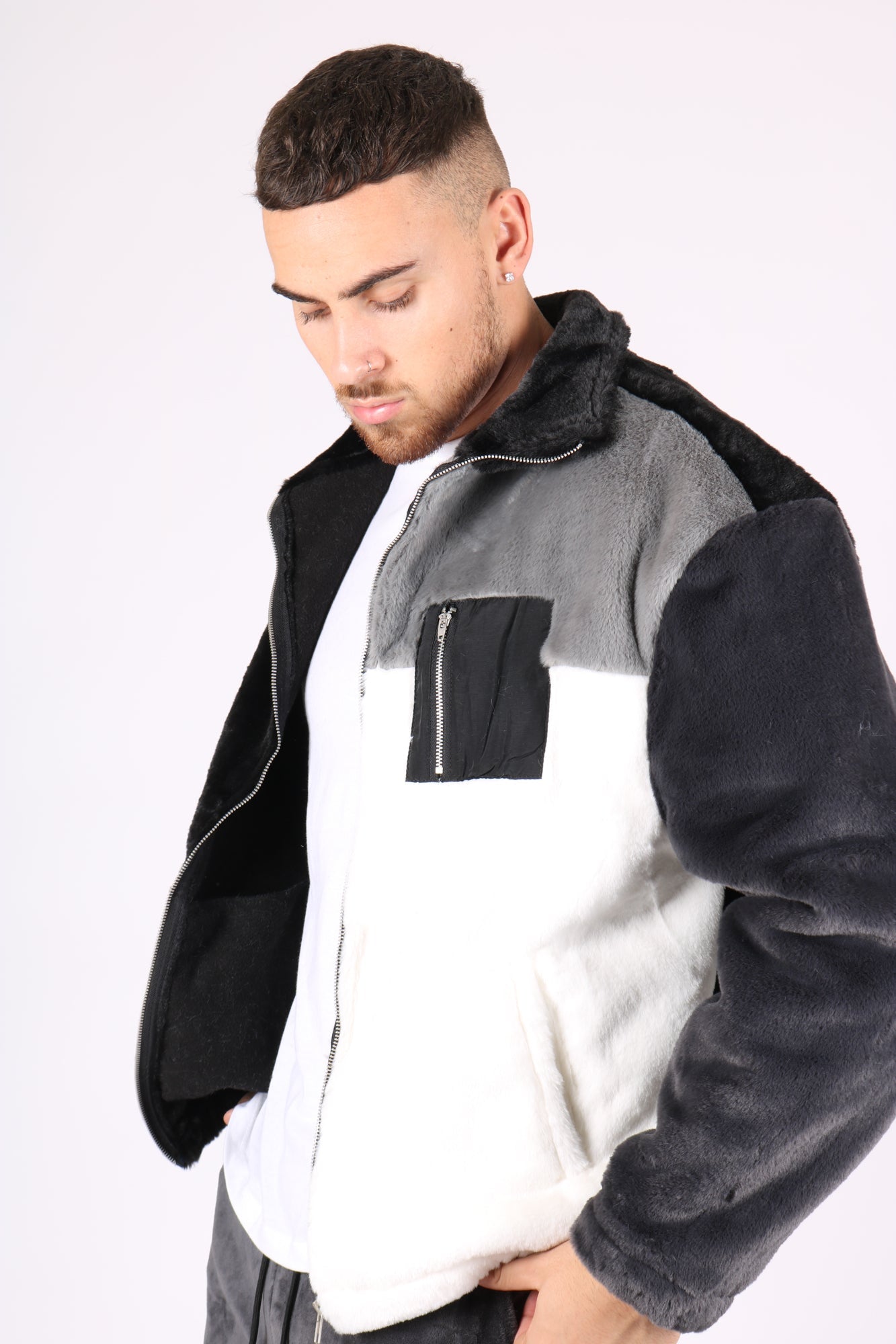 White, Black & Grey Spliced Micro Fur Jacket