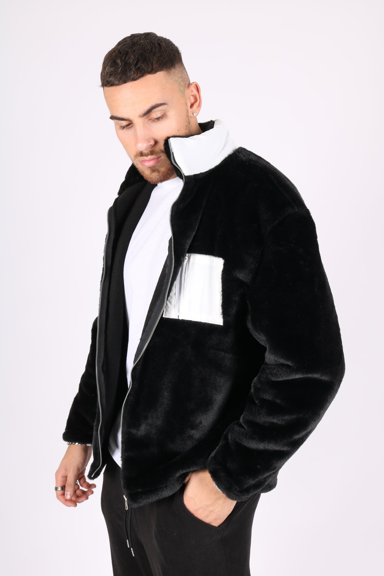 Utility Black Fur Jacket With White Nylon Pockets