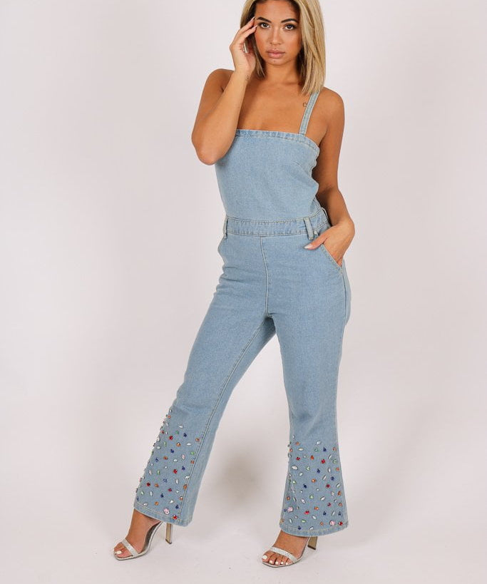Gemstone denim jumpsuit with kickflare and gemstones - Liquor N Poker LIQUOR N POKER