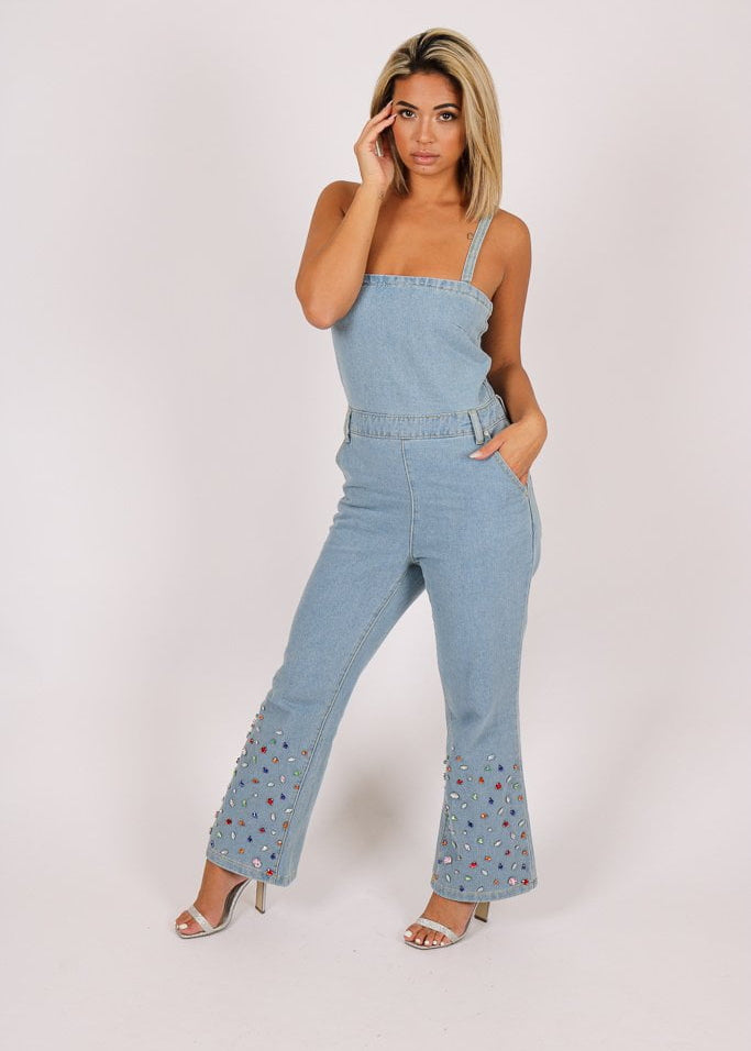 Gemstone denim jumpsuit with kickflare and gemstones - Liquor N Poker LIQUOR N POKER