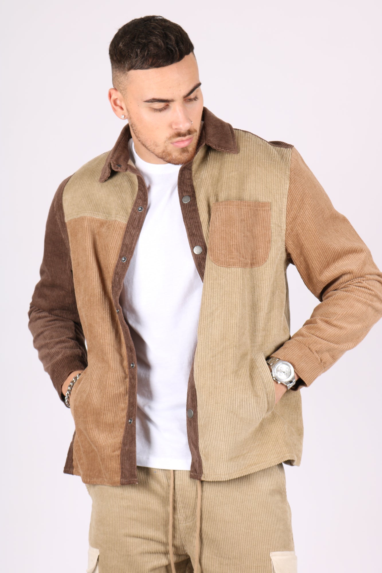 3 Tone Brown Spliced Corduroy Relaxed Shirt