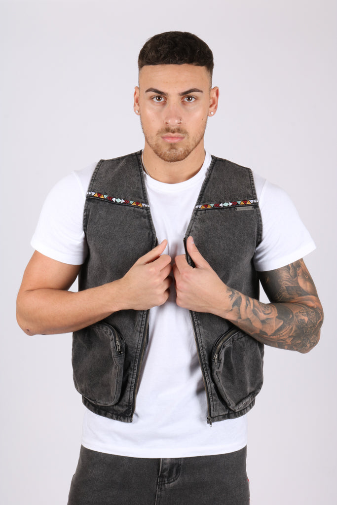 Washed Black Denim Gilet with Aztec Embroidery