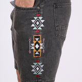 Aztec Embroidered Washed Black Denim Shorts